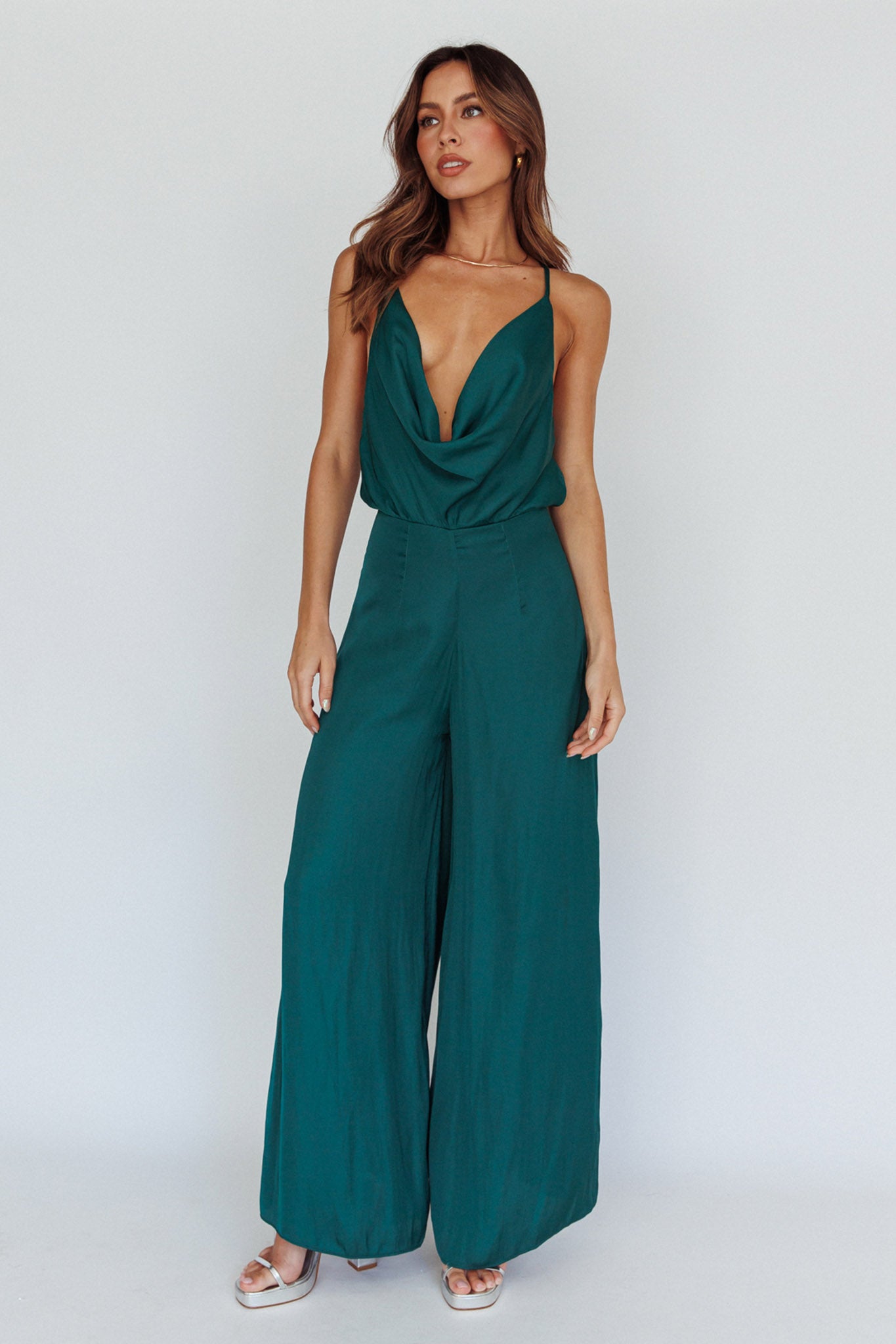 Jaclyn Wide-Leg Cowl Neck Jumpsuit Forest Green by Selfie Leslie Australia