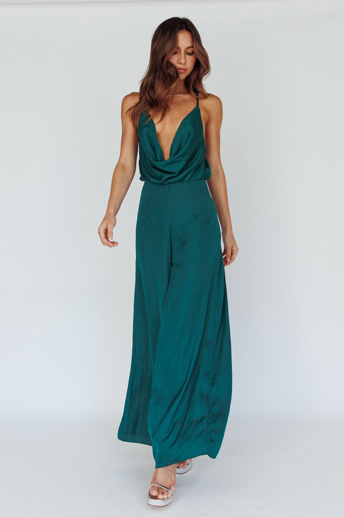 Jaclyn Wide-Leg Cowl Neck Jumpsuit Forest Green by Selfie Leslie Australia