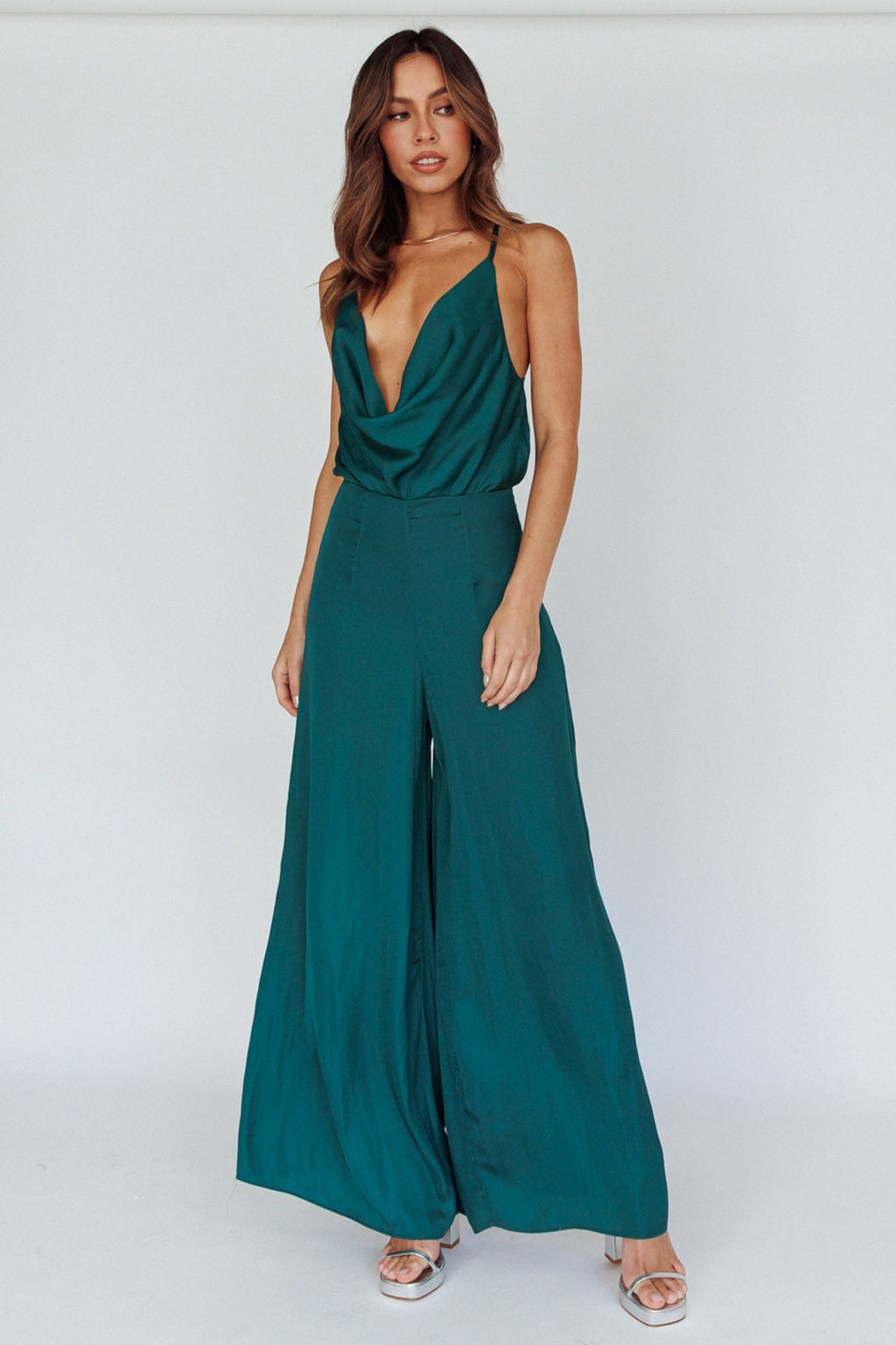 Jaclyn Wide-Leg Cowl Neck Jumpsuit Forest Green by Selfie Leslie Australia