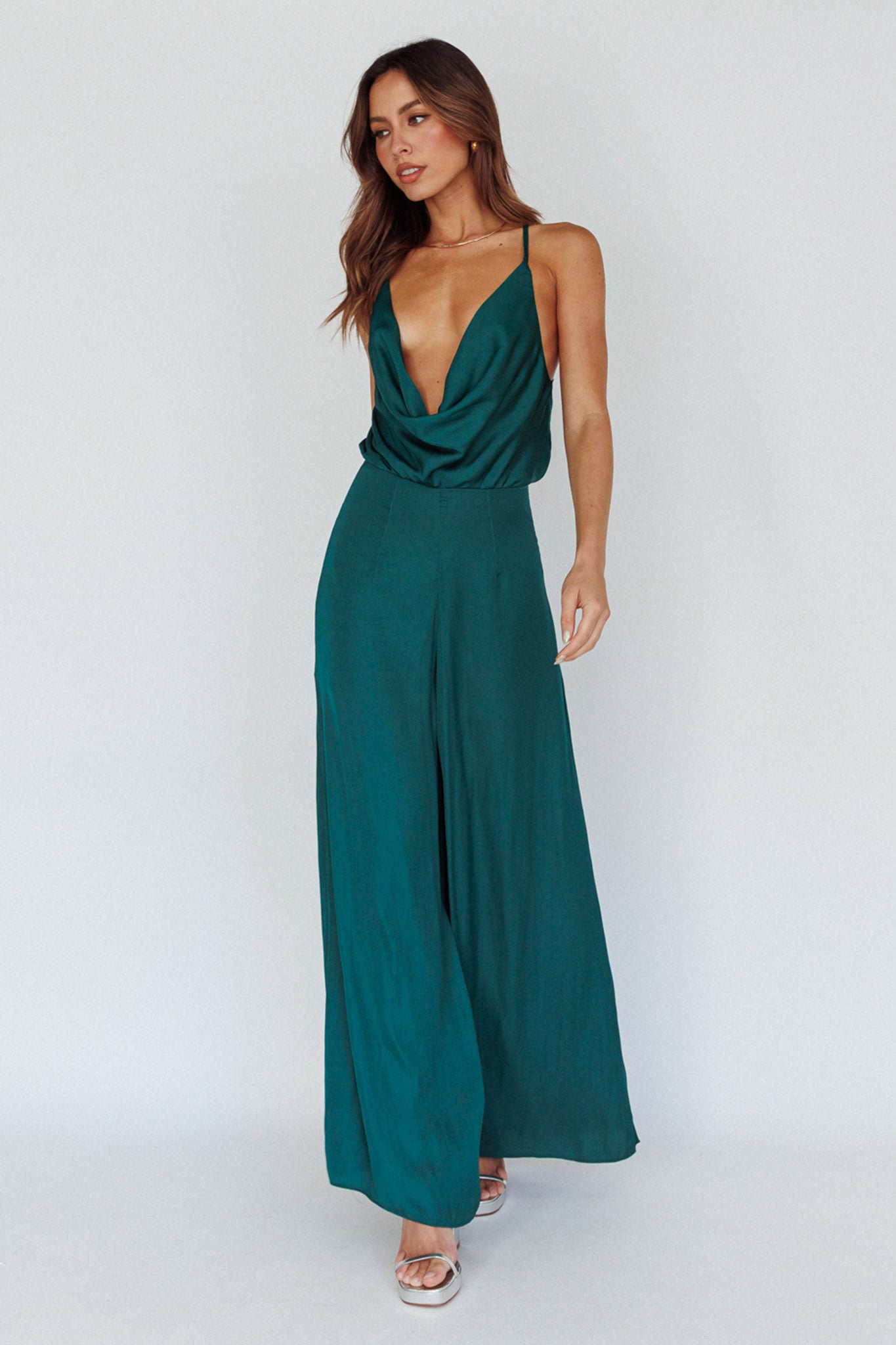 Jaclyn Wide-Leg Cowl Neck Jumpsuit Forest Green by Selfie Leslie Australia