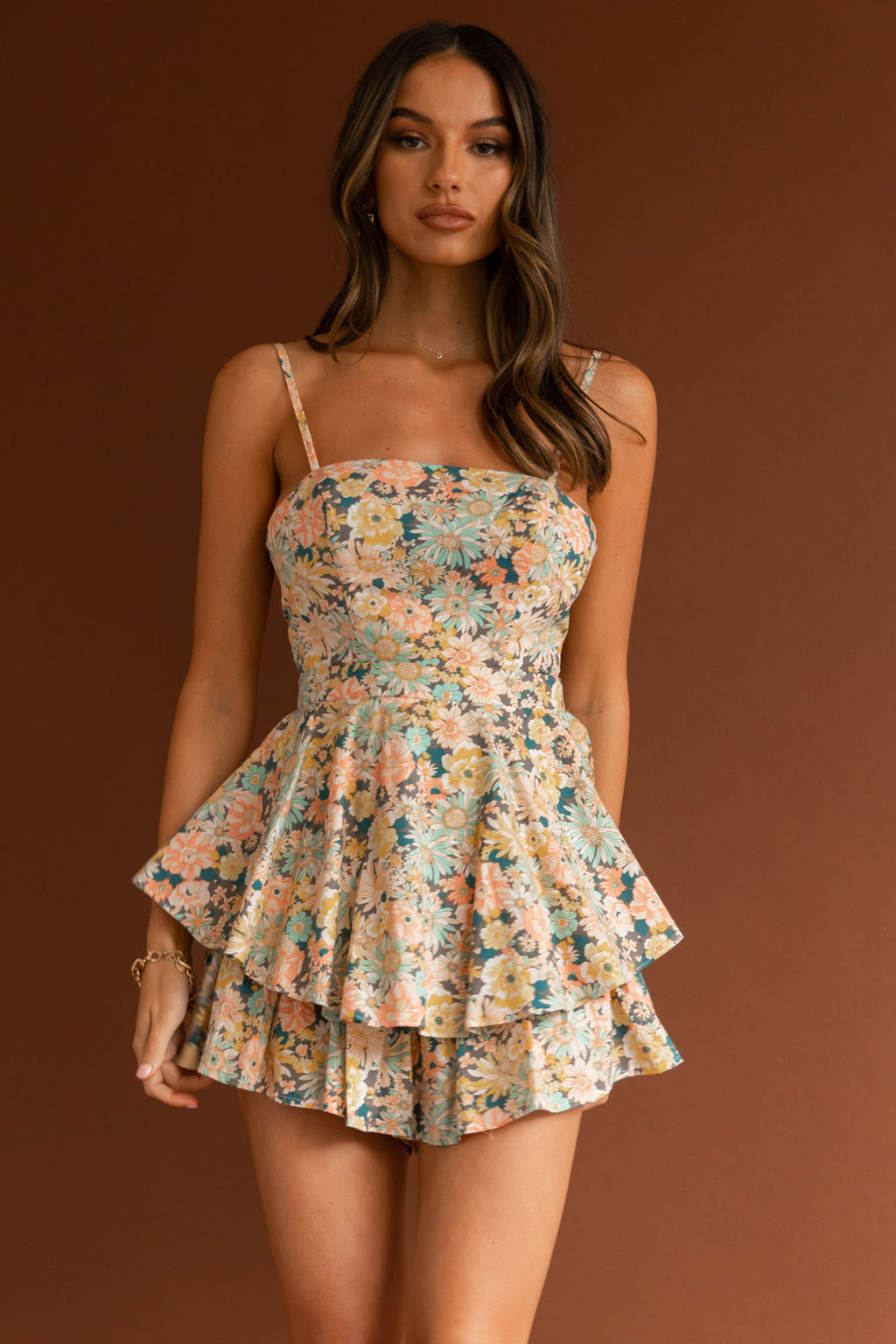 Alexandria Square Neckline Tie Back Romper Vintage Floral Yellow by Selfie Leslie Australia