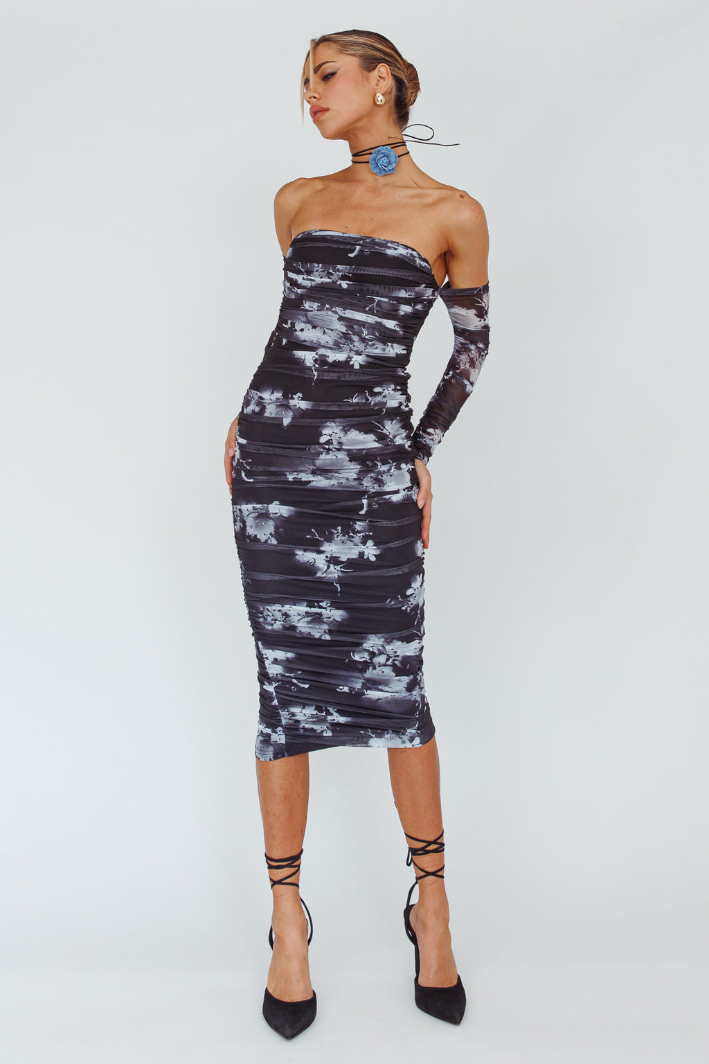Cece Off-Shoulder Midi Dress Floral Black by Selfie Leslie Australia