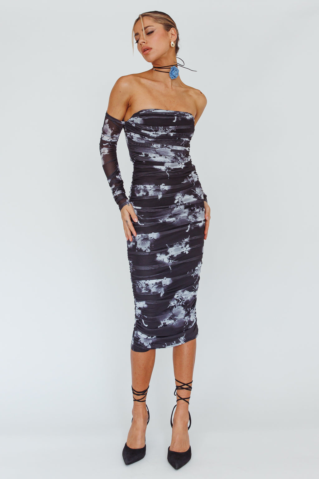 Cece Off-Shoulder Midi Dress Floral Black by Selfie Leslie Australia