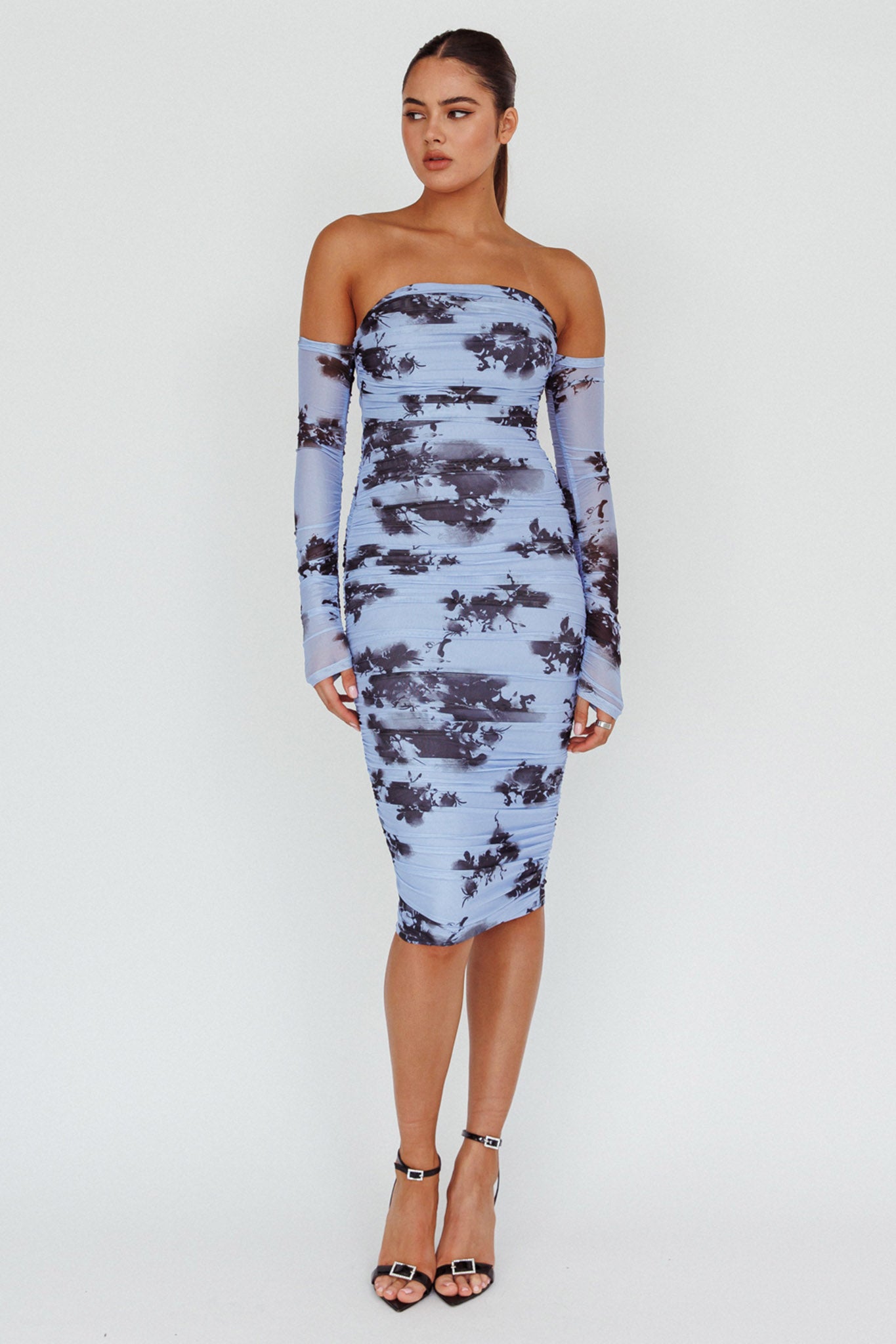 Cece Off-Shoulder Midi Dress Floral Blue by Selfie Leslie Australia