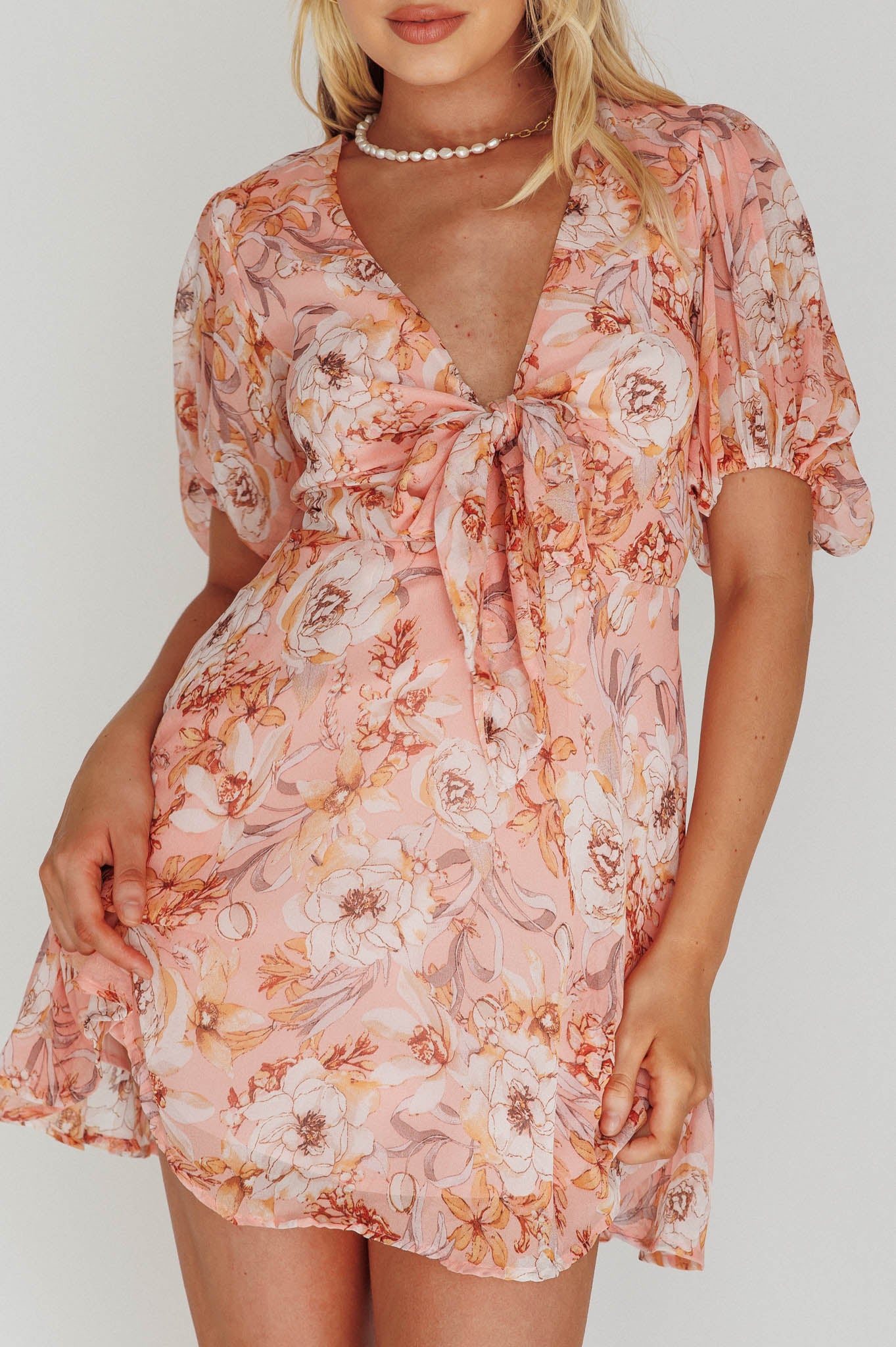 Madison Bow Tie Bust Puff Sleeve Dress Flowers Orange by Selfie Leslie Australia