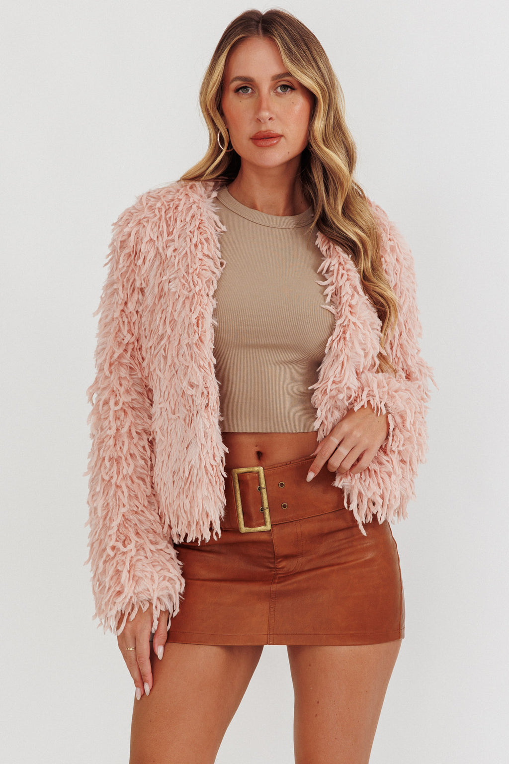 Montana Long Pile Faux Fur Jacket Blush by Selfie Leslie Australia
