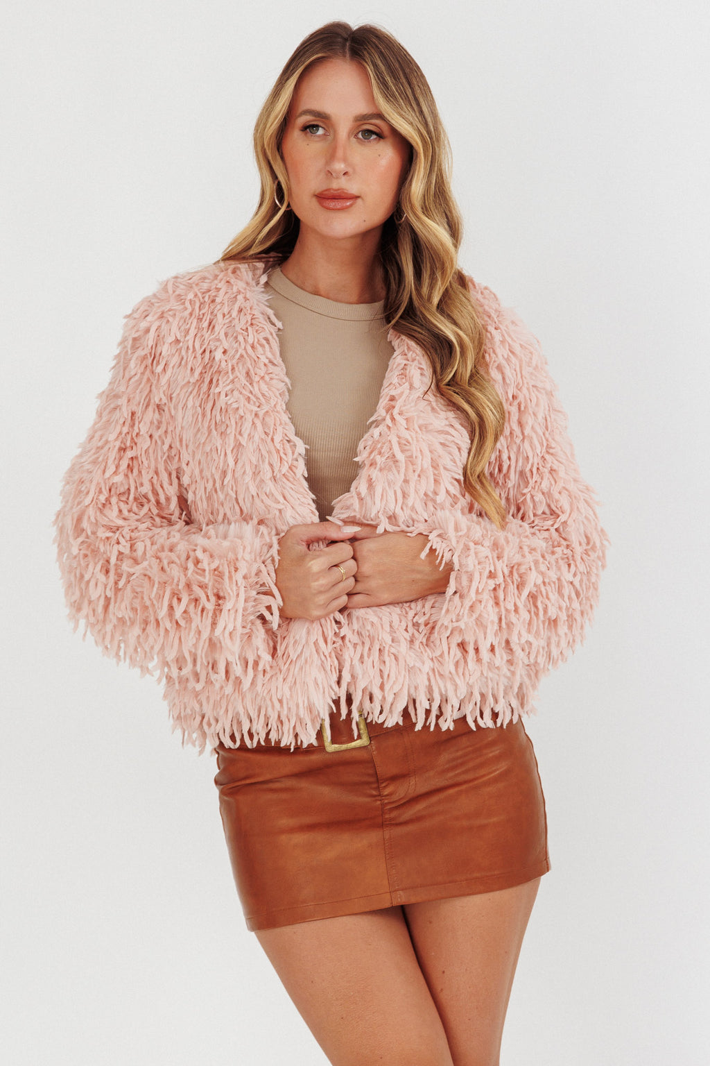 Montana Long Pile Faux Fur Jacket Blush by Selfie Leslie Australia