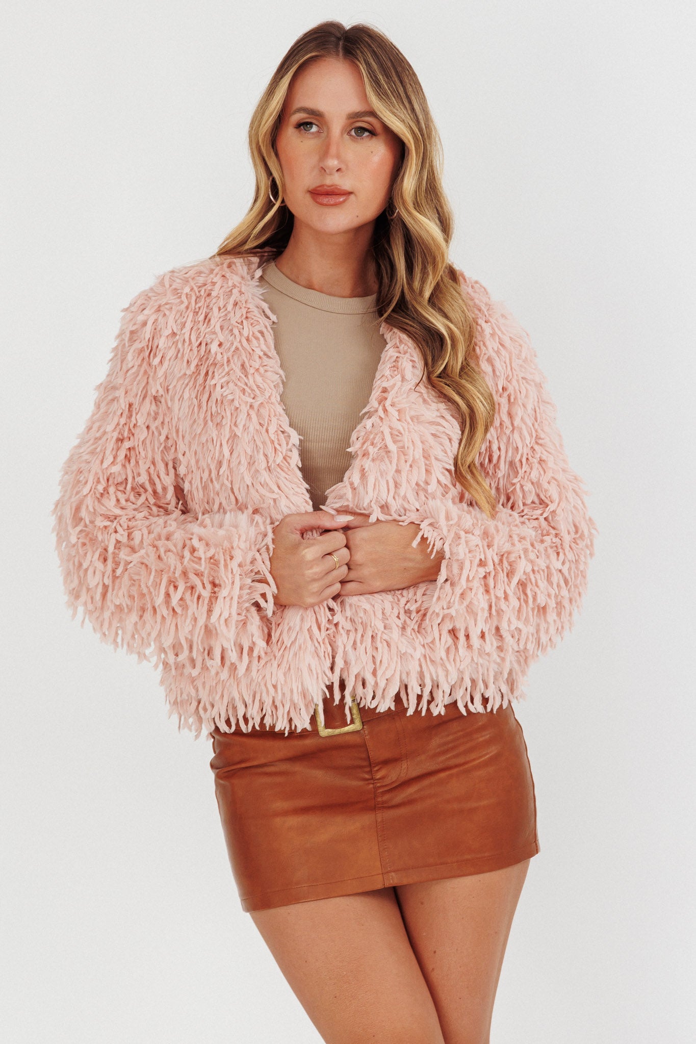 Montana Long Pile Faux Fur Jacket Blush by Selfie Leslie Australia