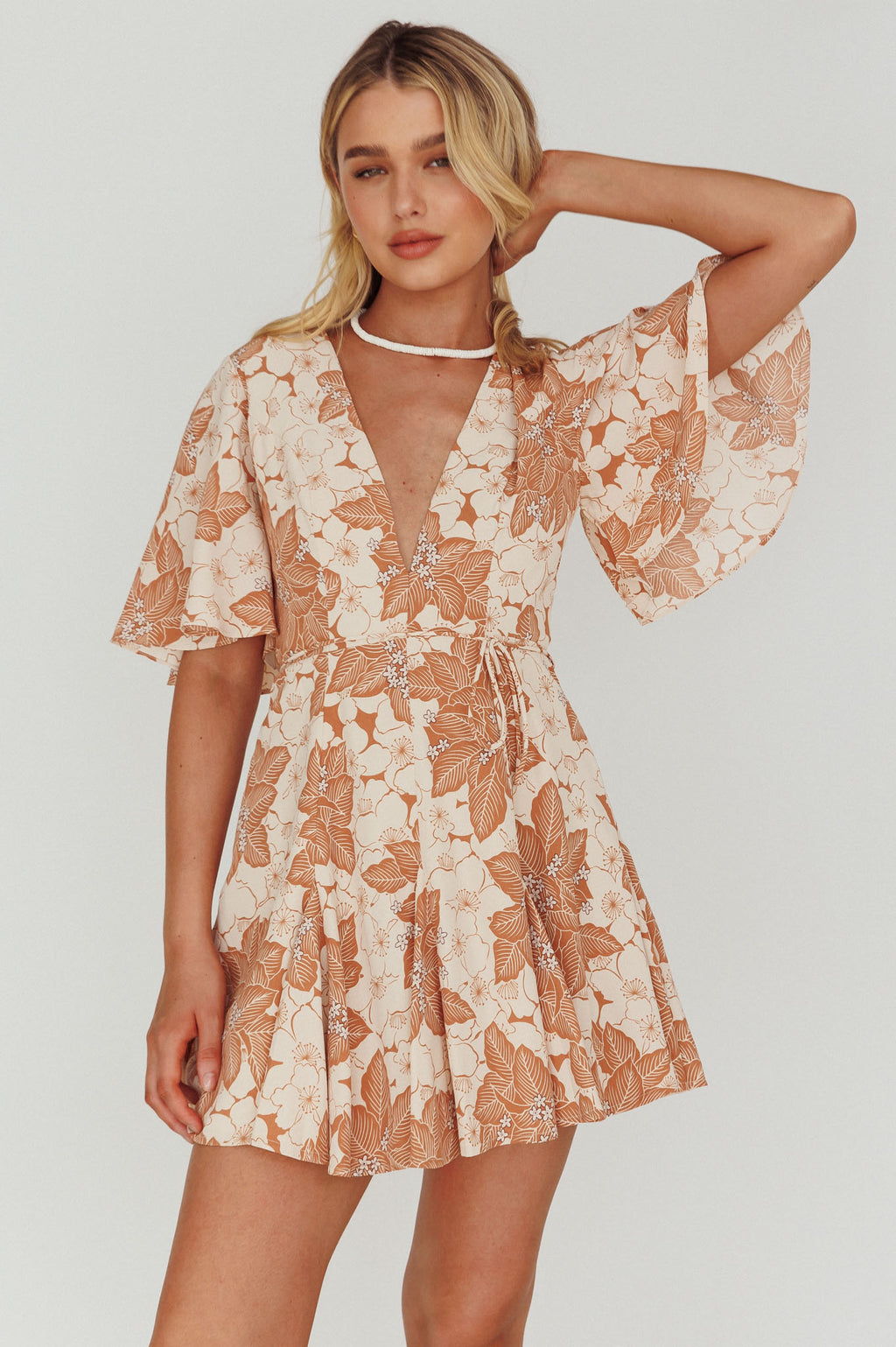 Estelle Angel Sleeve Dress Floral Brown by Selfie Leslie Australia