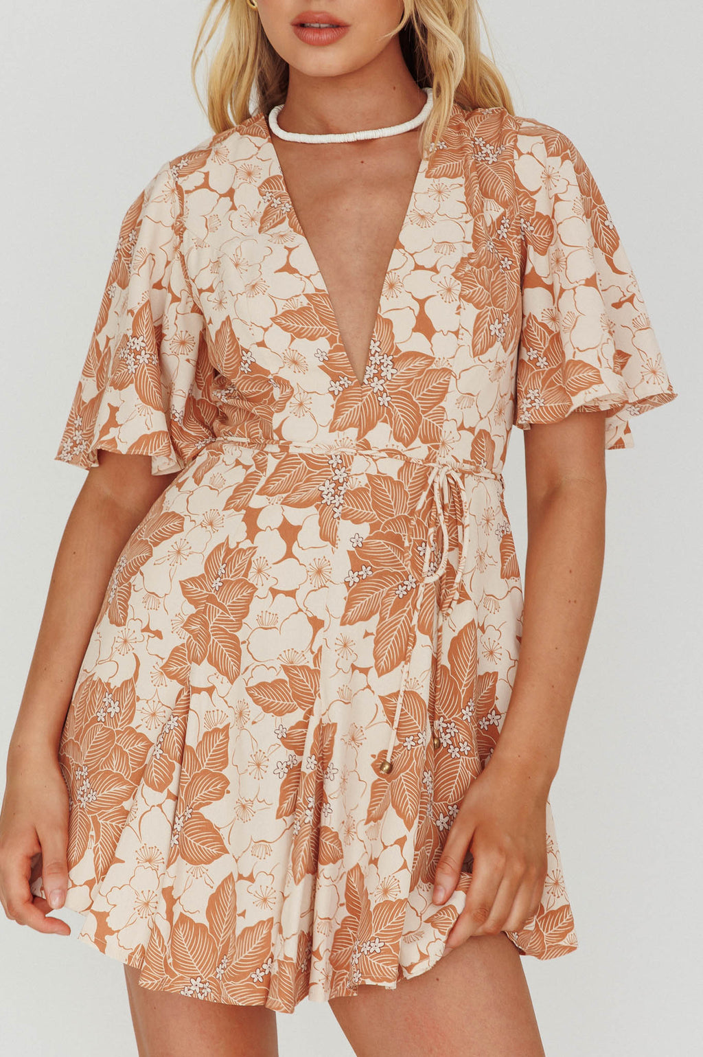 Estelle Angel Sleeve Dress Floral Brown by Selfie Leslie Australia