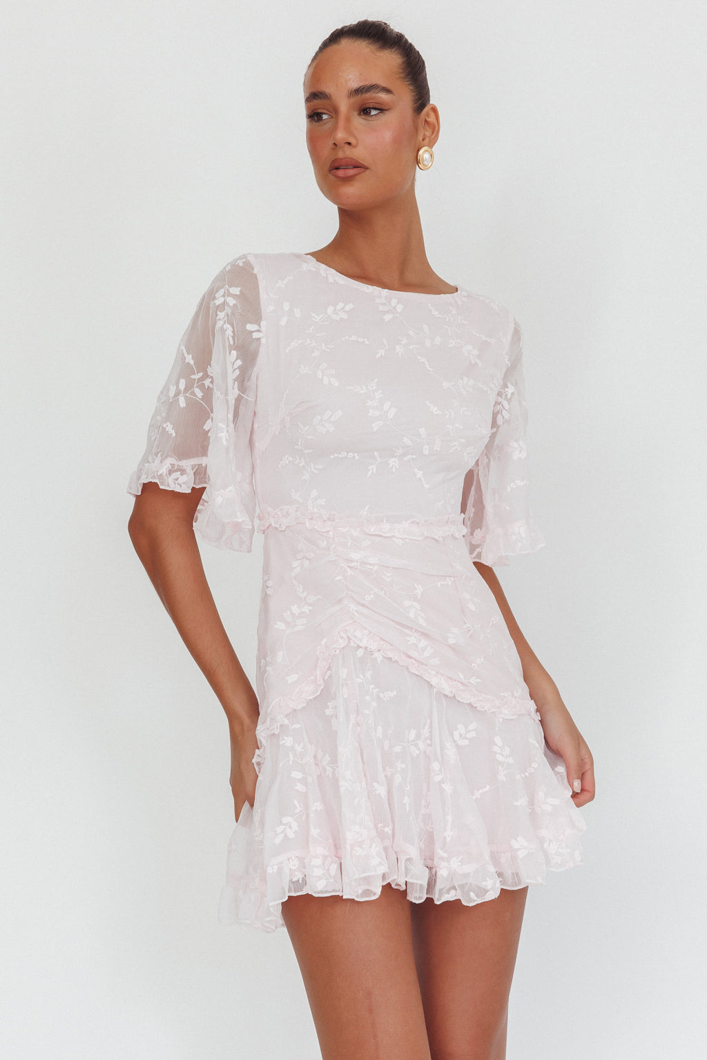 Leona Half Sleeve Frill Trim Dress Embroidered Blush by Selfie Leslie Australia