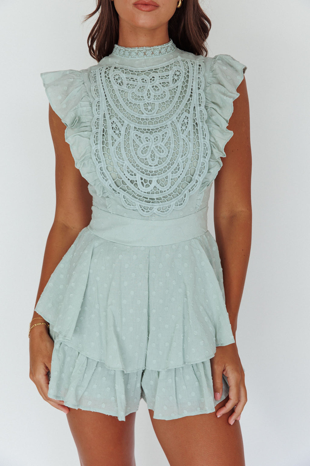 Nellie Lace Bust High Neck Romper Sage by Selfie Leslie Australia