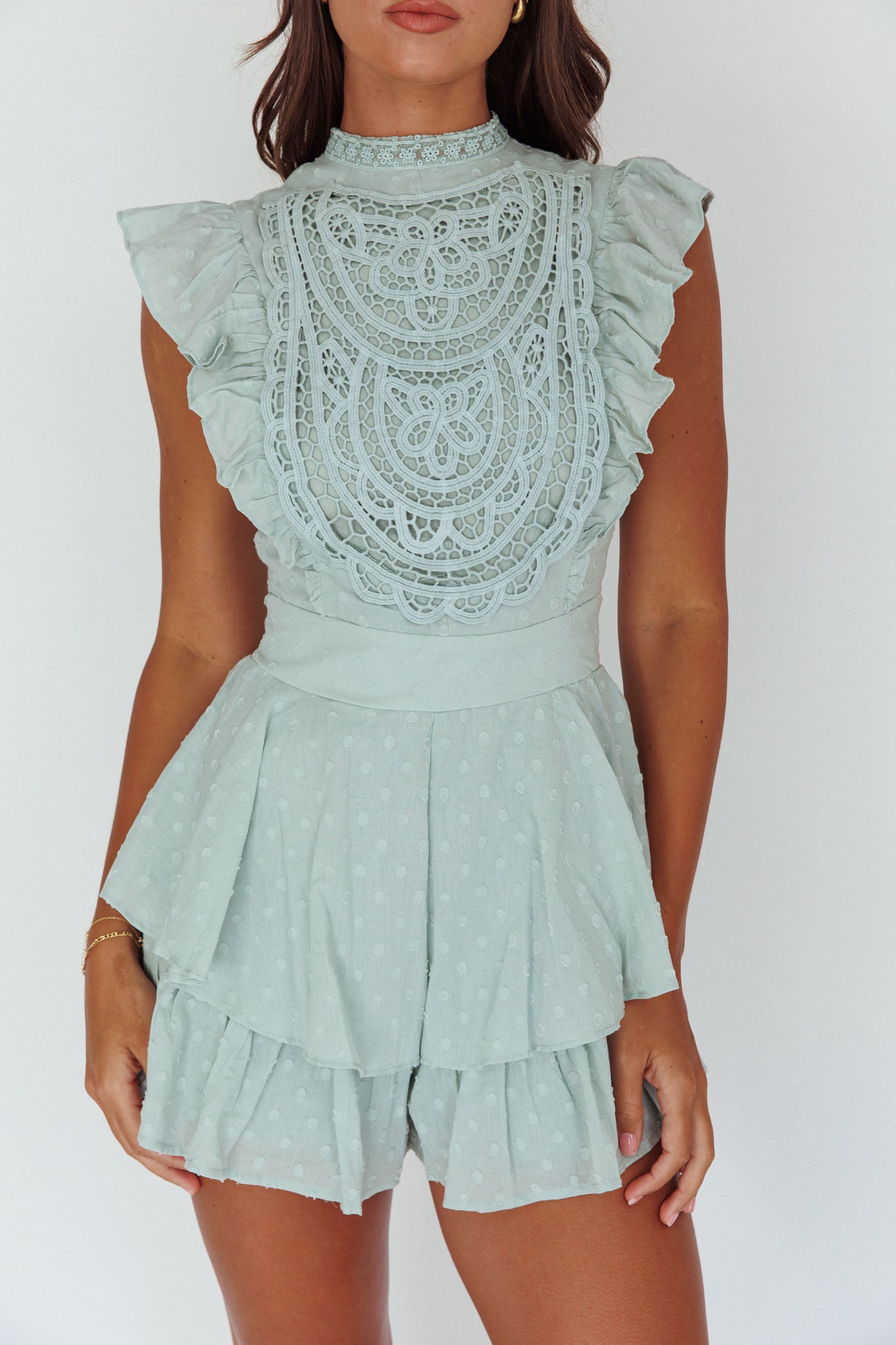 Nellie Lace Bust High Neck Romper Sage by Selfie Leslie Australia
