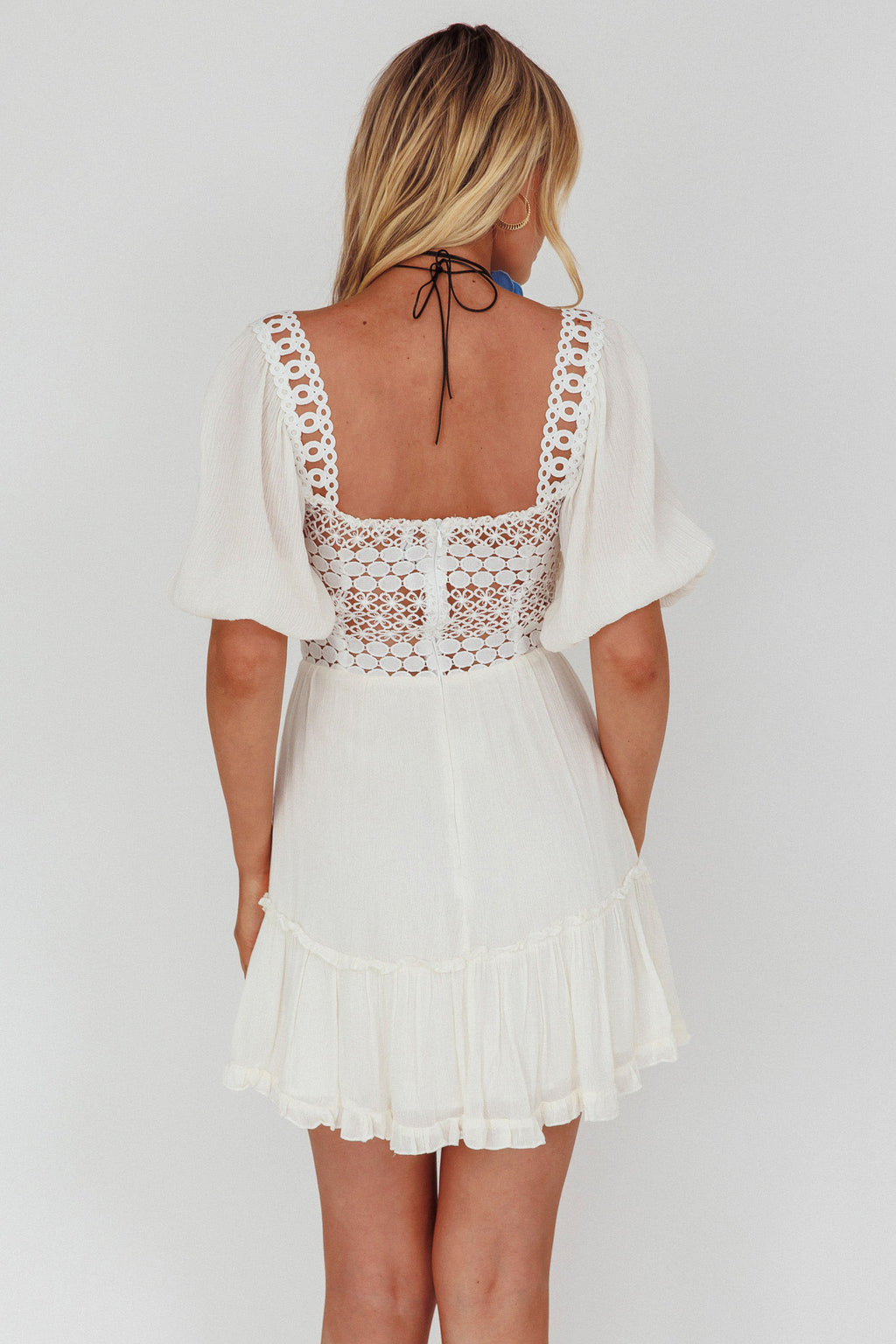 Golden Hour Lace-Up Front Crochet Dress White by Selfie Leslie Australia