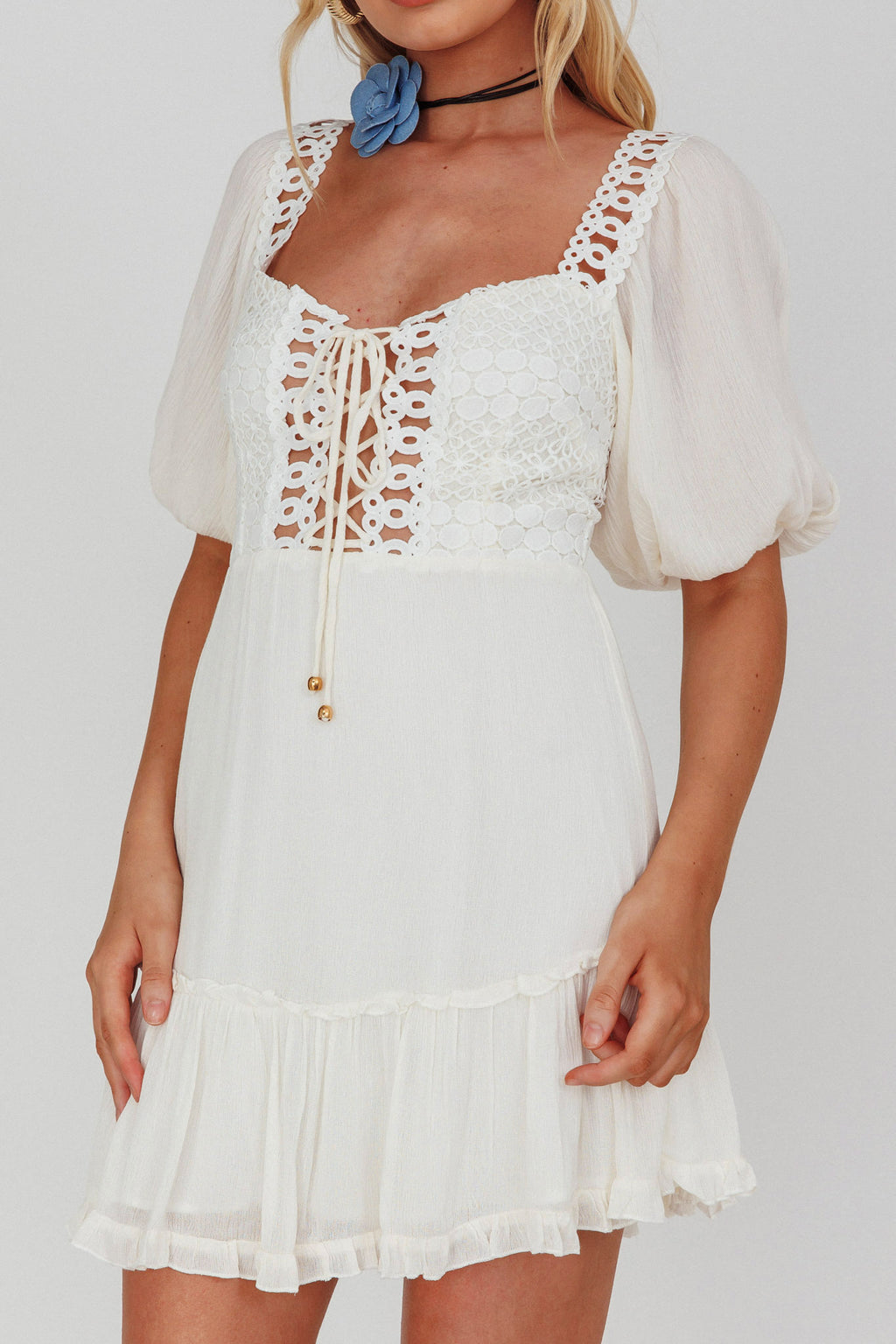 Golden Hour Lace-Up Front Crochet Dress White by Selfie Leslie Australia