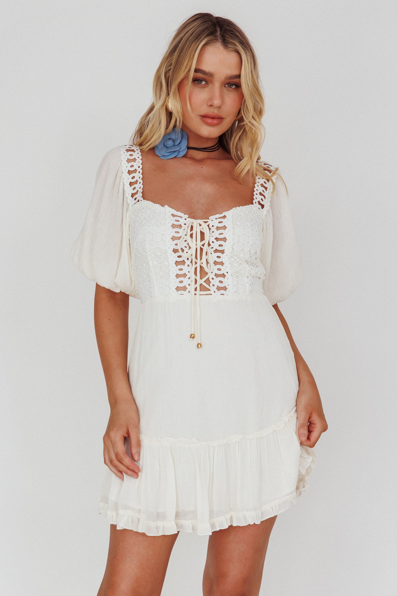 Golden Hour Lace-Up Front Crochet Dress White by Selfie Leslie Australia