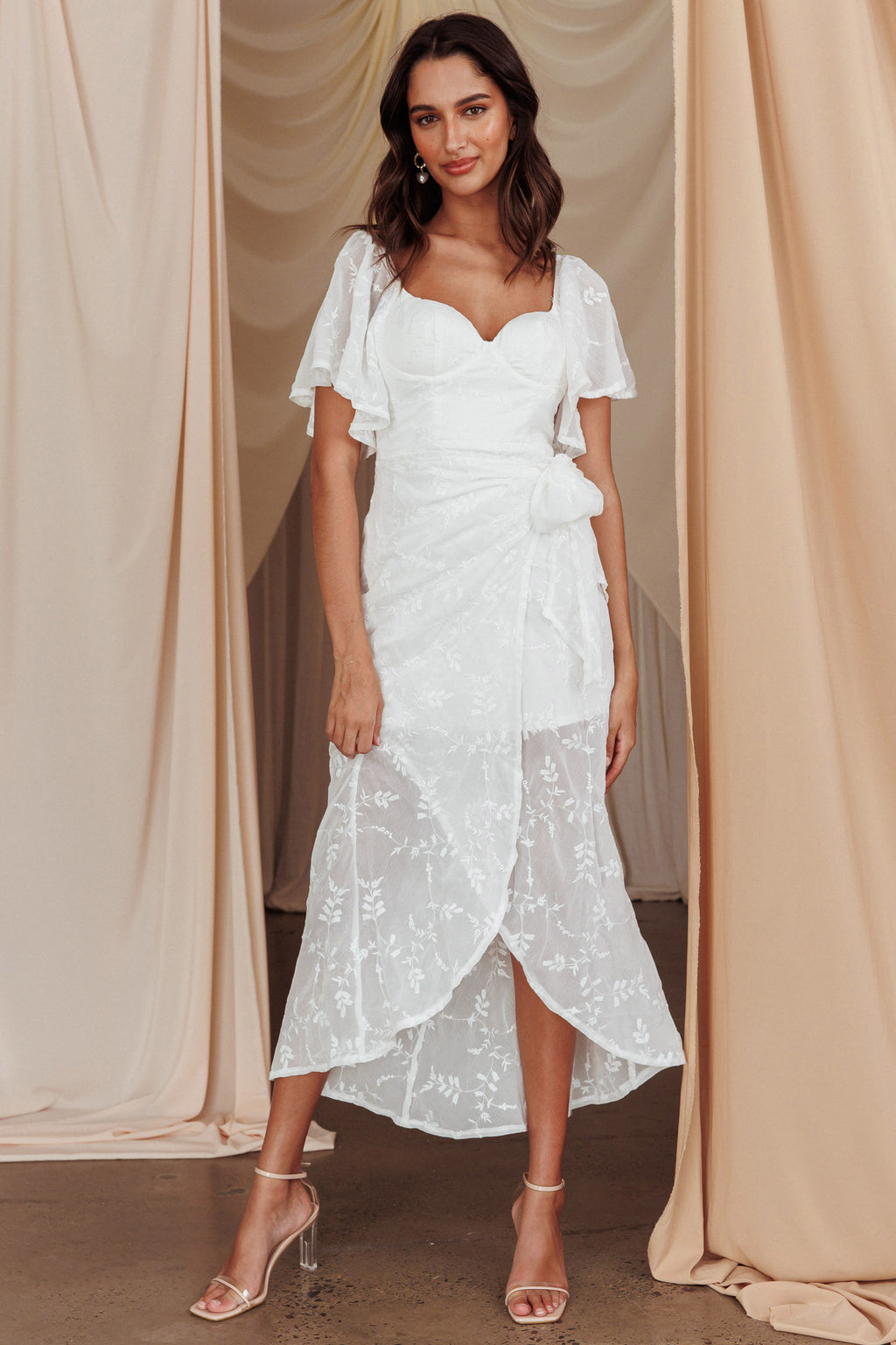 Aphrodite Molded Bust Angel Sleeve Midi Dress Floral White by Selfie Leslie Australia