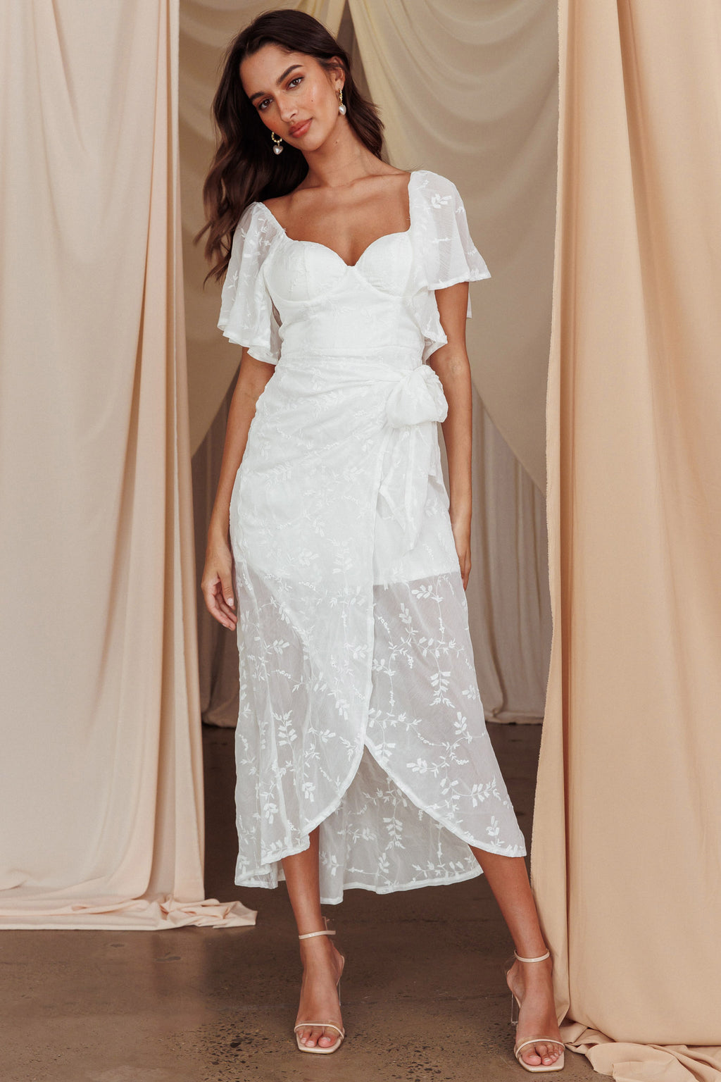 Aphrodite Molded Bust Angel Sleeve Midi Dress Floral White by Selfie Leslie Australia