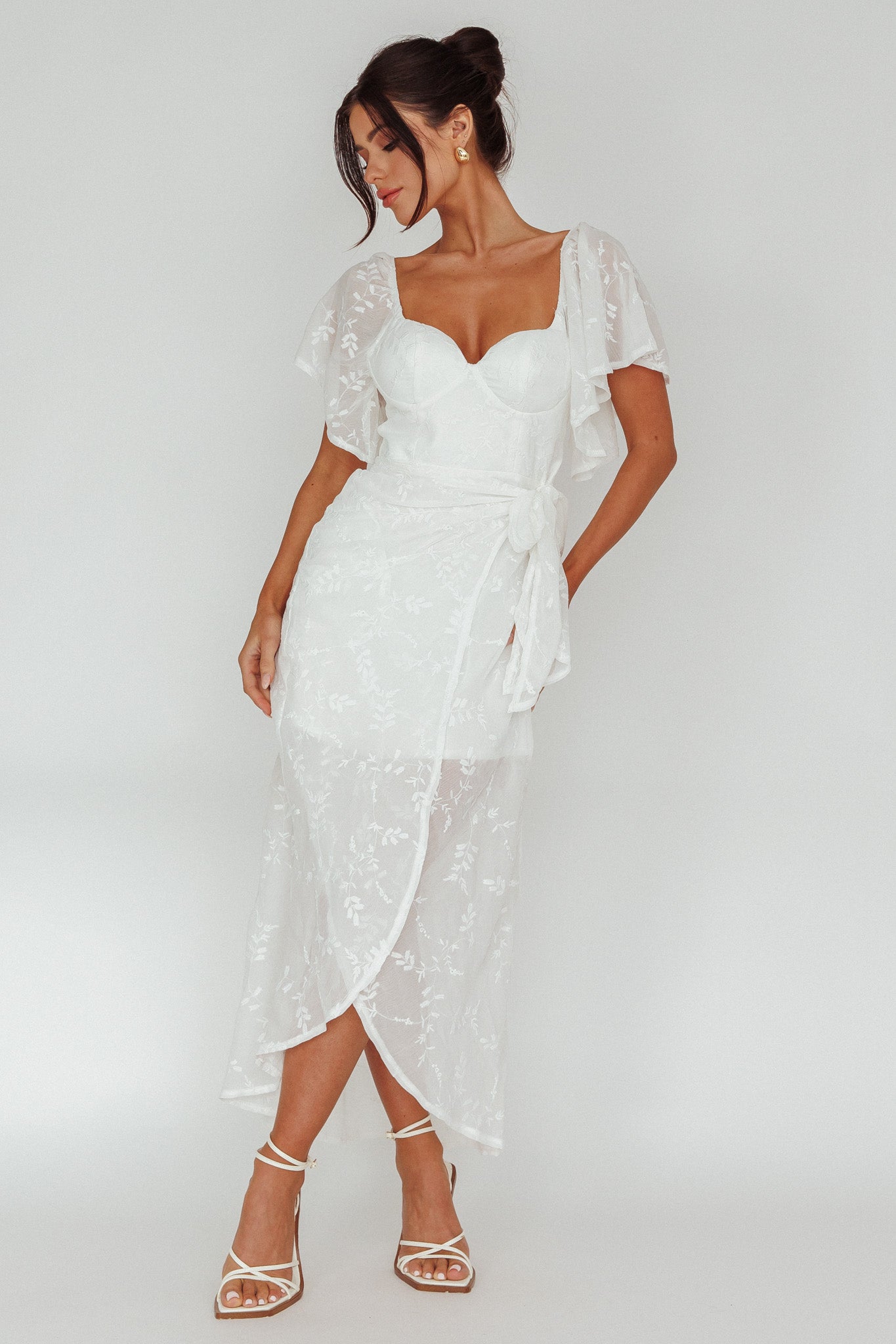 Aphrodite Molded Bust Angel Sleeve Midi Dress Floral White by Selfie Leslie Australia