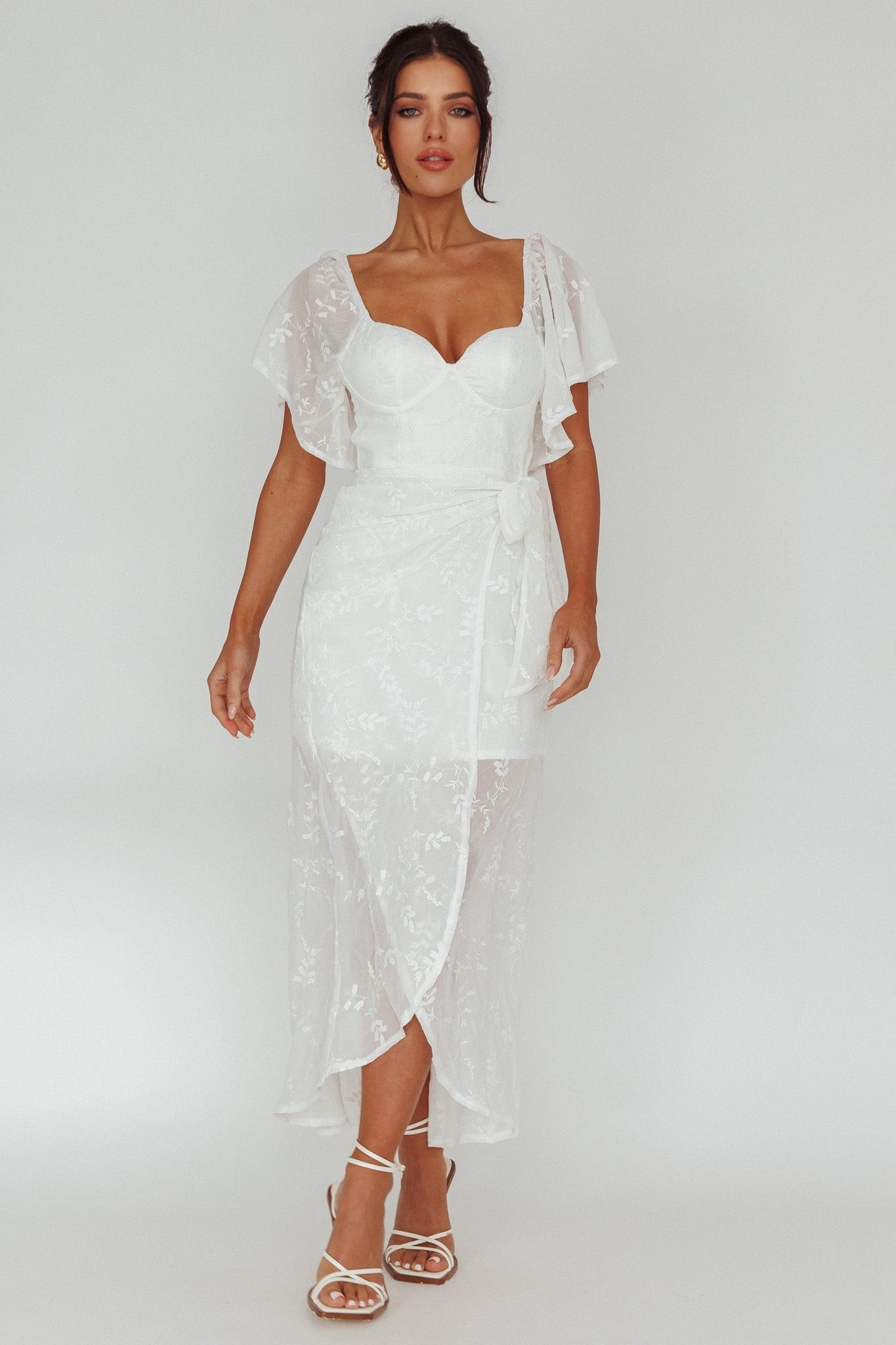 Aphrodite Molded Bust Angel Sleeve Midi Dress Floral White by Selfie Leslie Australia