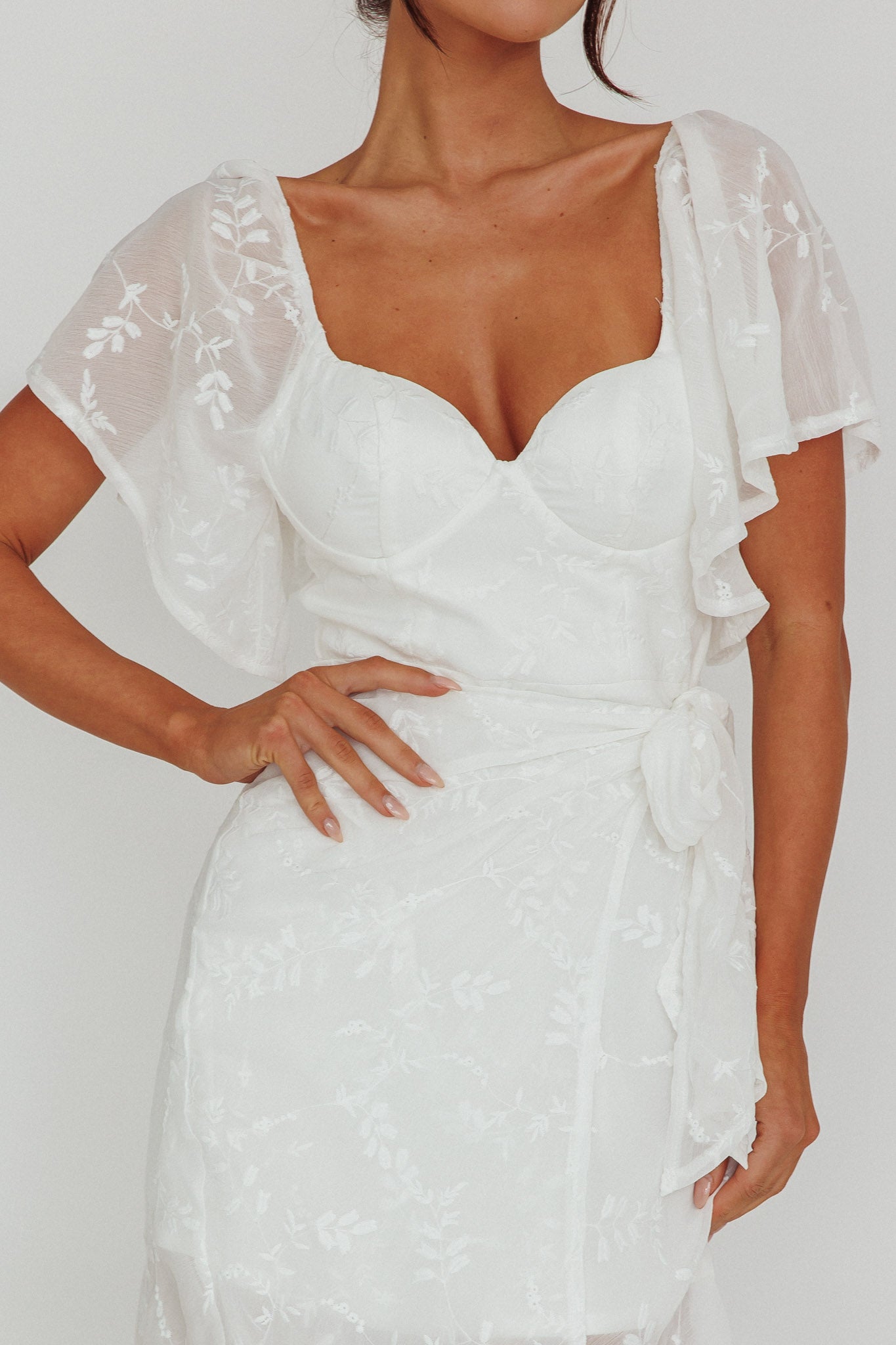 Aphrodite Molded Bust Angel Sleeve Midi Dress Floral White by Selfie Leslie Australia