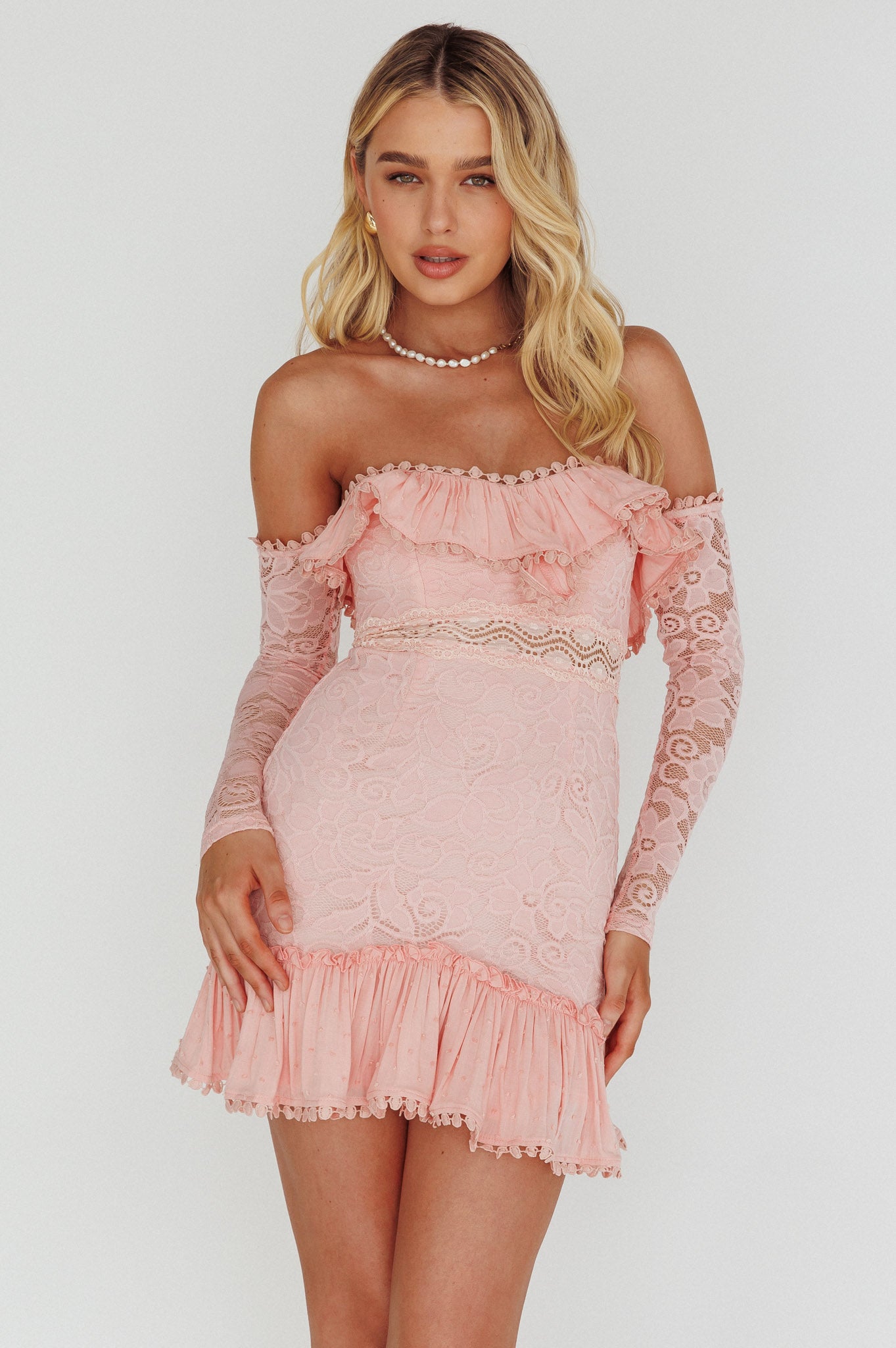 Mae Long Sleeve Sweetheart Crochet Lace Dress Blush by Selfie Leslie Australia