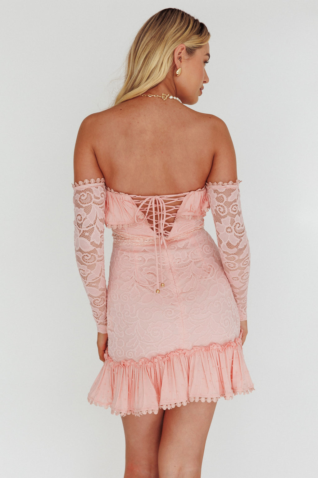 Mae Long Sleeve Sweetheart Crochet Lace Dress Blush by Selfie Leslie Australia