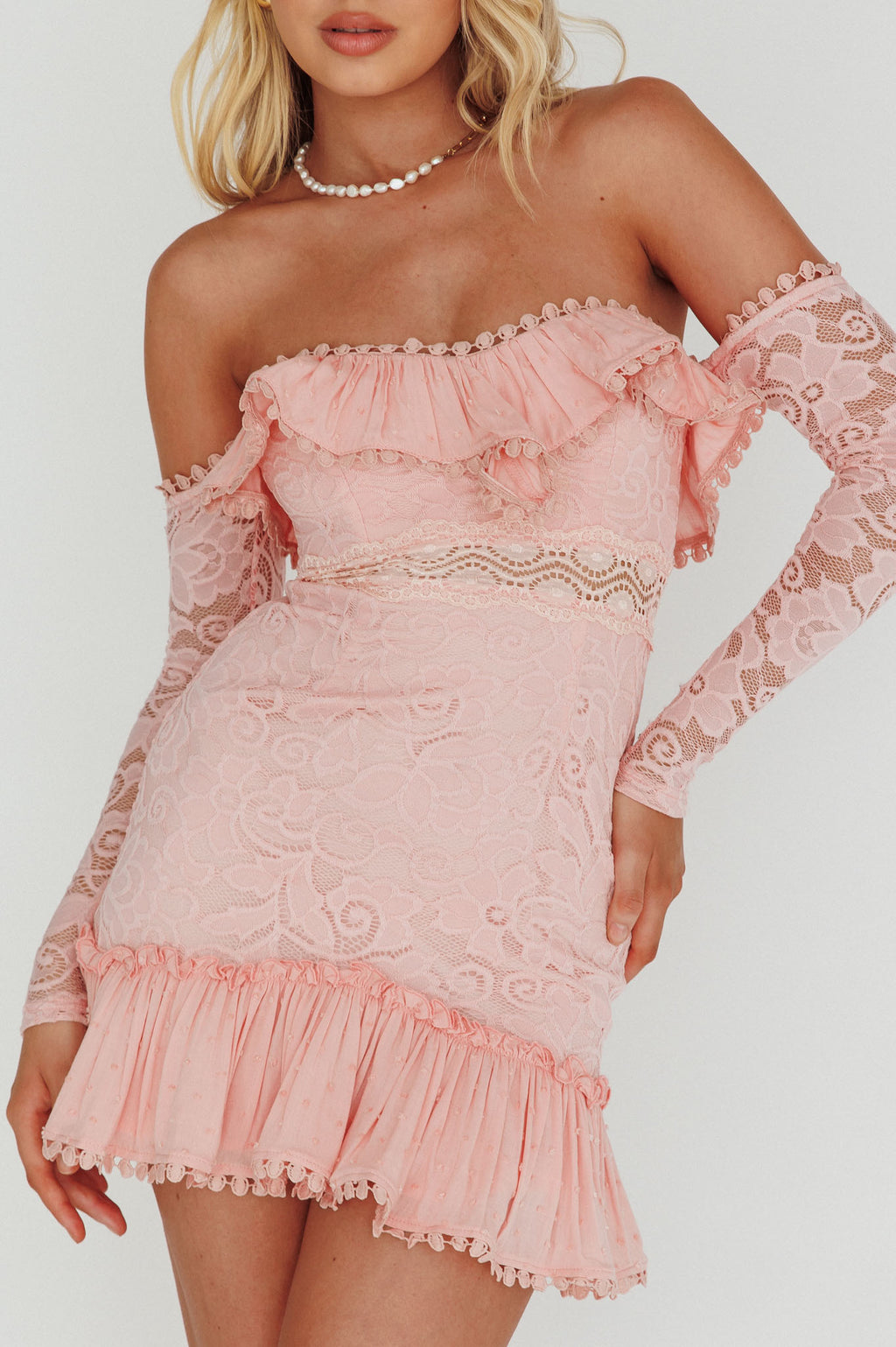 Mae Long Sleeve Sweetheart Crochet Lace Dress Blush by Selfie Leslie Australia
