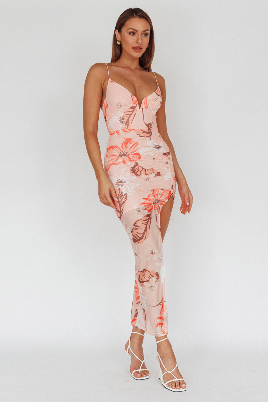 Lake Como Fitted Bodice Side Split Dress Floral Pink by Selfie Leslie Australia