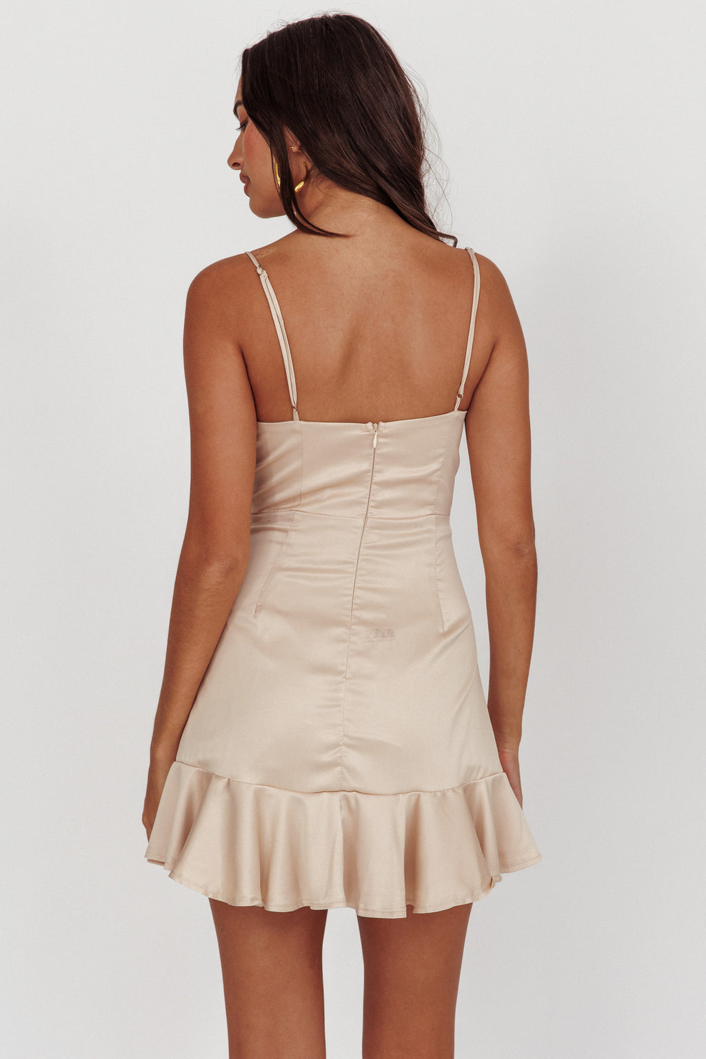 Lake Como Ruffle Hem Mini Dress Champagne by Selfie Leslie Australia