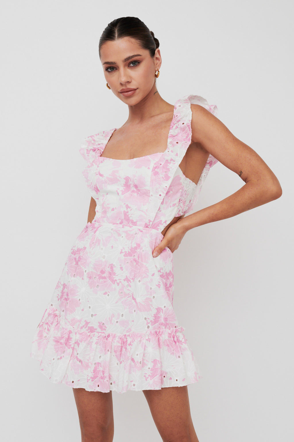 Porcia Tied Back Frill Dress Floral Pink by Selfie Leslie Australia