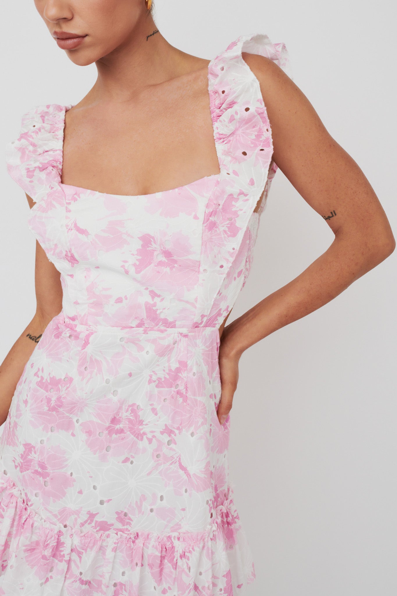 Porcia Tied Back Frill Dress Floral Pink by Selfie Leslie Australia