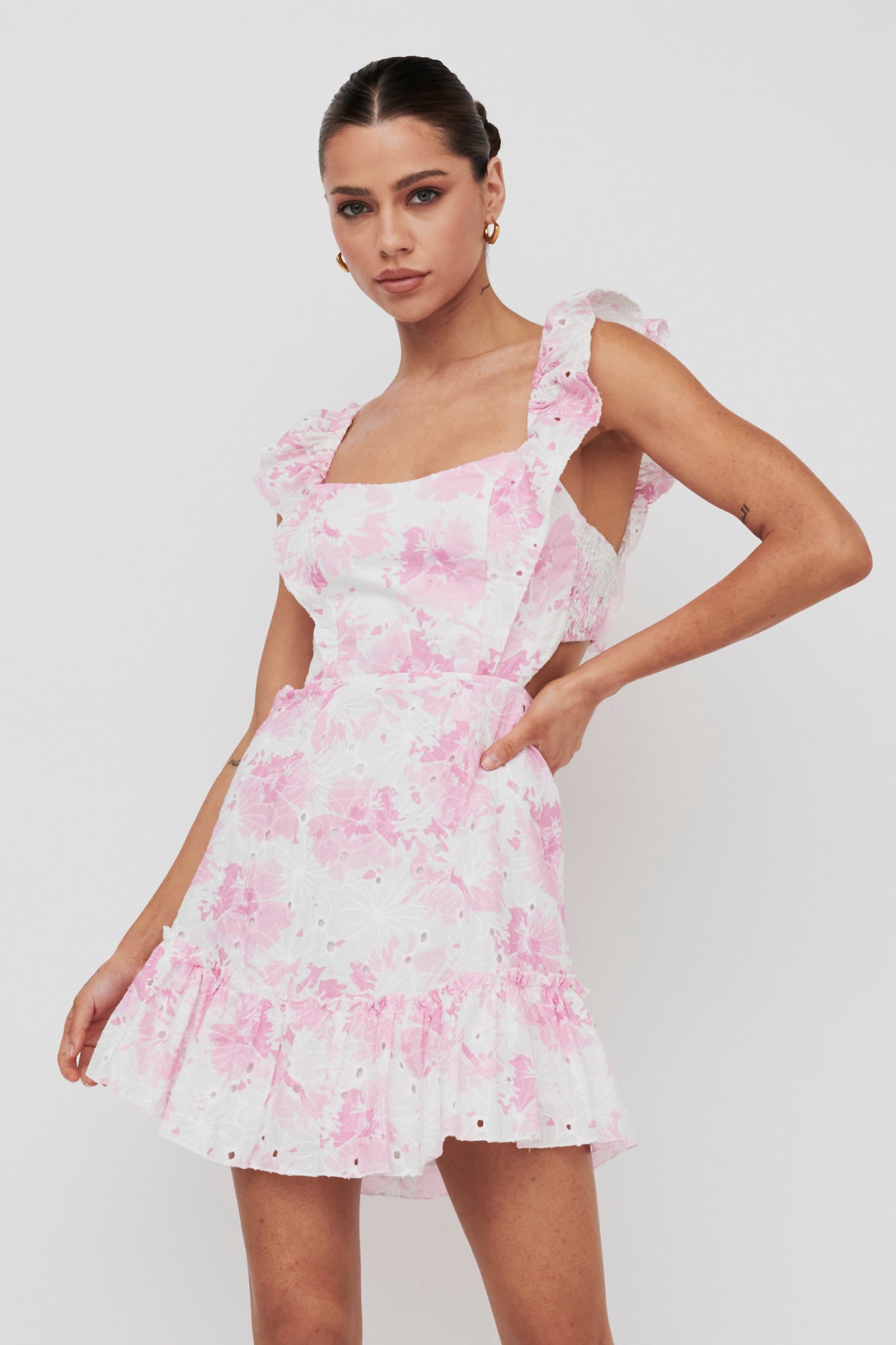 Porcia Tied Back Frill Dress Floral Pink by Selfie Leslie Australia