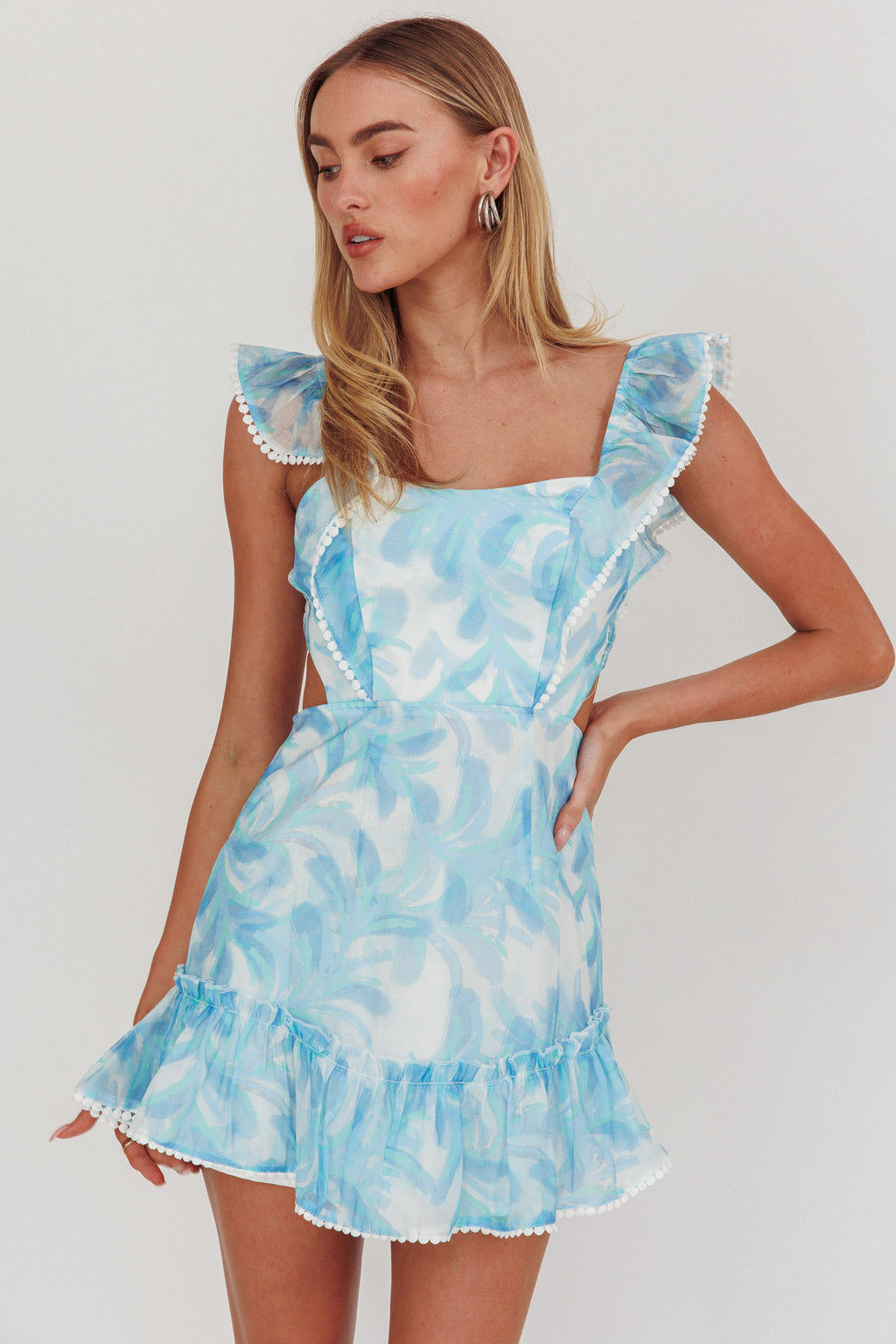 Porcia Tied Back Frill Dress Leaves Blues by Selfie Leslie Australia