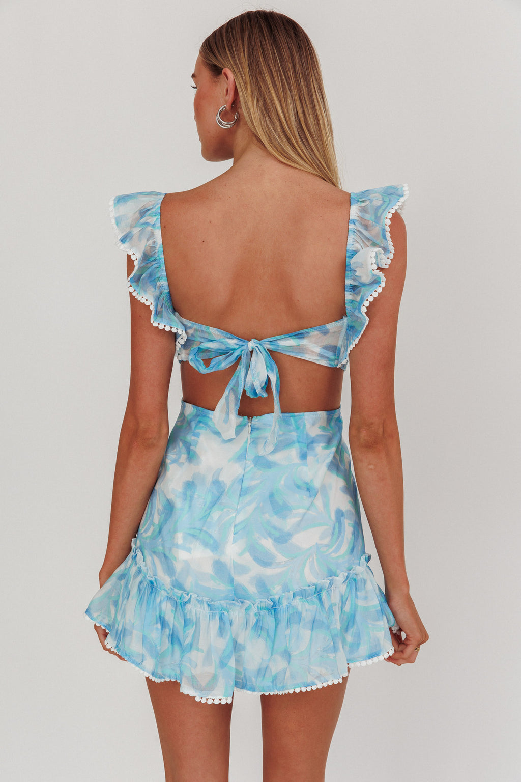 Porcia Tied Back Frill Dress Leaves Blues by Selfie Leslie Australia