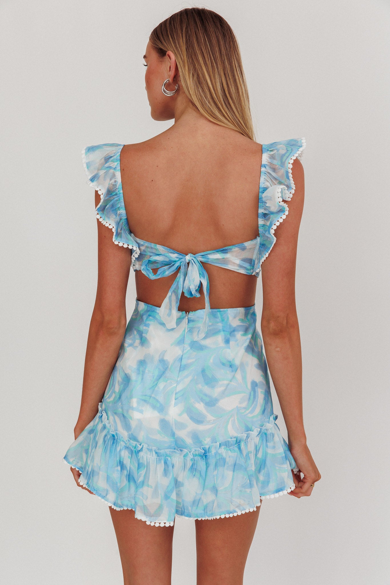 Porcia Tied Back Frill Dress Leaves Blues by Selfie Leslie Australia