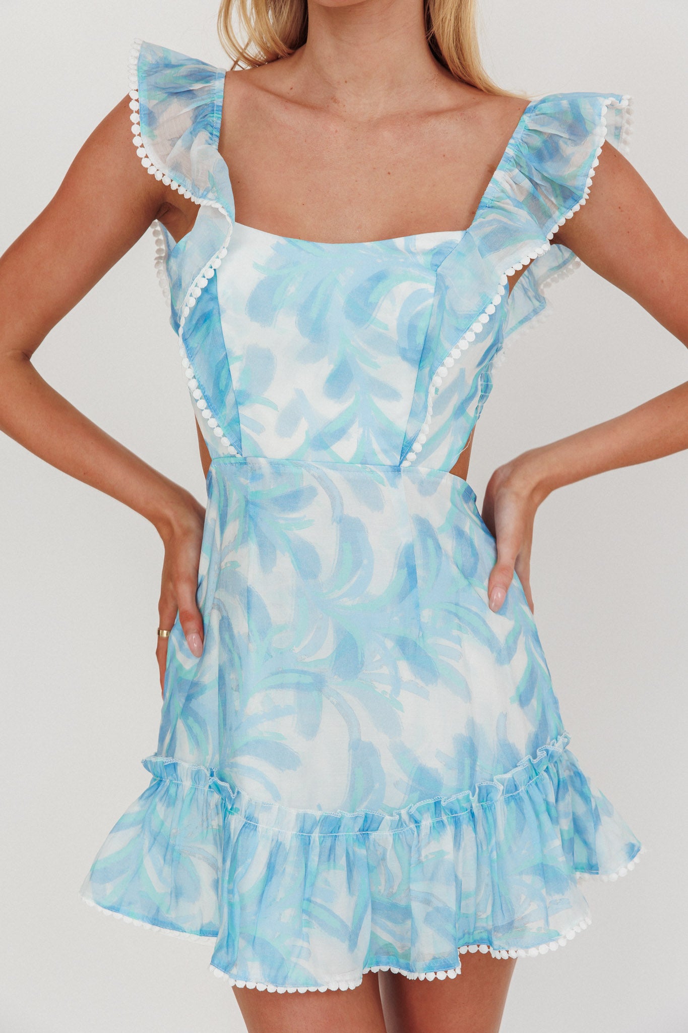 Porcia Tied Back Frill Dress Leaves Blues by Selfie Leslie Australia