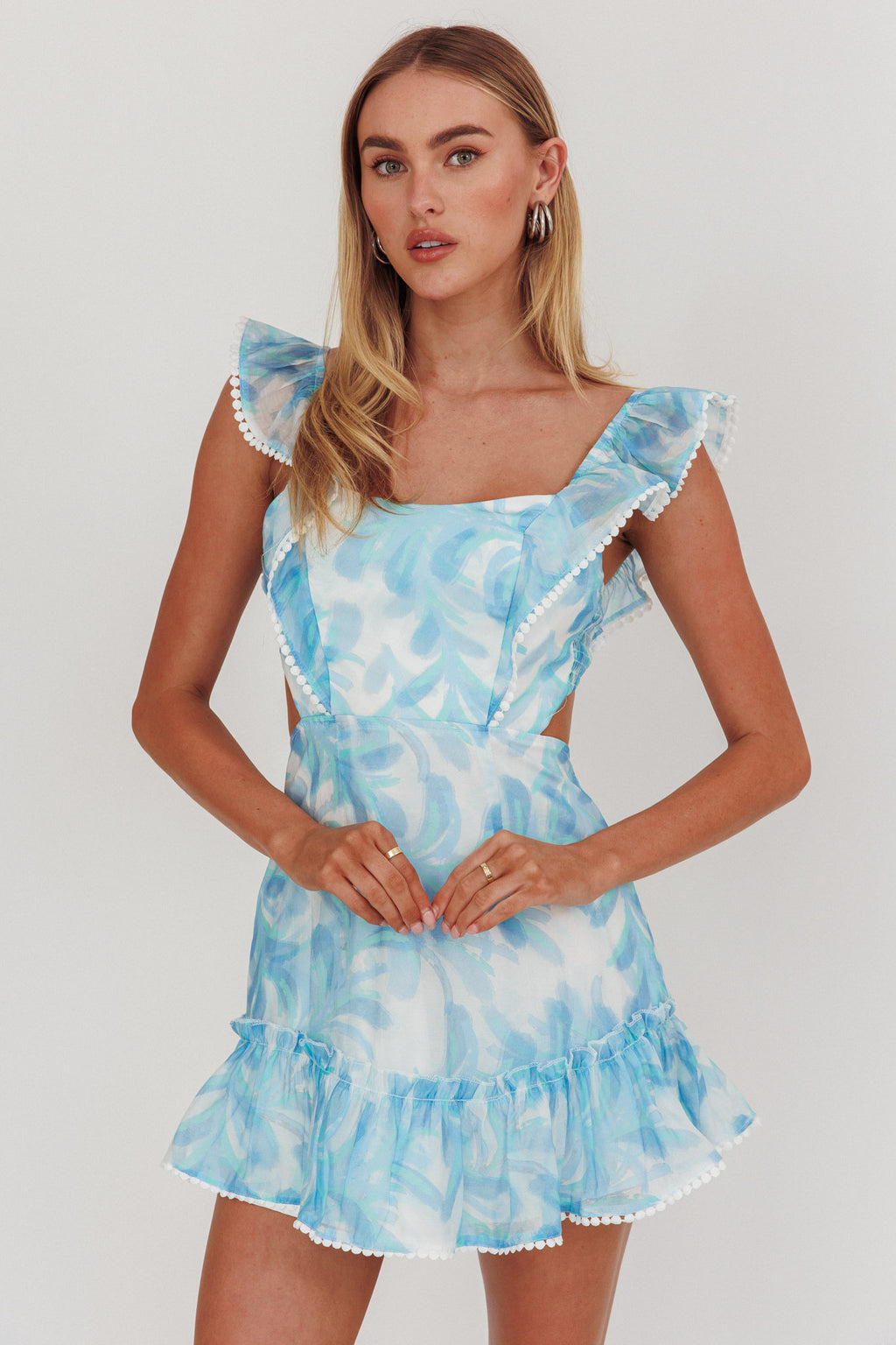 Porcia Tied Back Frill Dress Leaves Blues by Selfie Leslie Australia