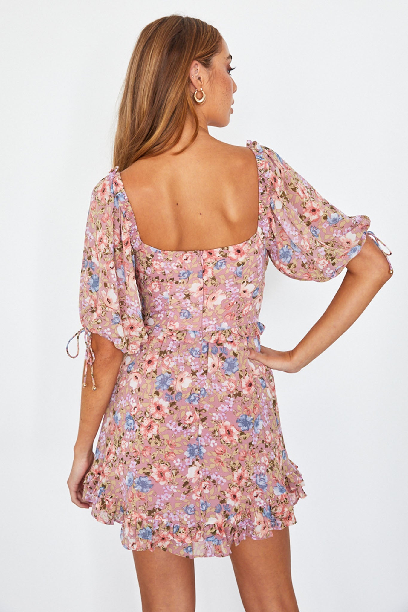 Kirra Puff Sleeve Ruched Bodice Dress Floral Pink by Selfie Leslie Australia