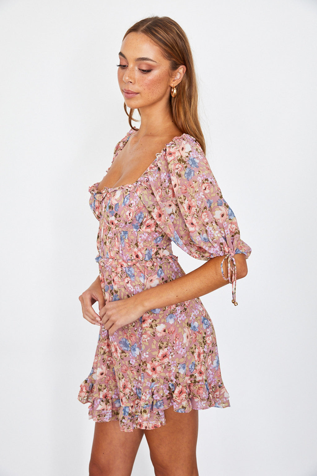 Kirra Puff Sleeve Ruched Bodice Dress Floral Pink by Selfie Leslie Australia