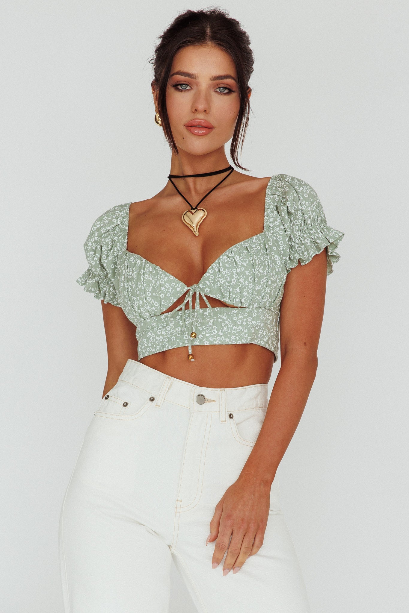 Sweet Romance Sweetheart Neckline Crop Top Floral Sage by Selfie Leslie Australia