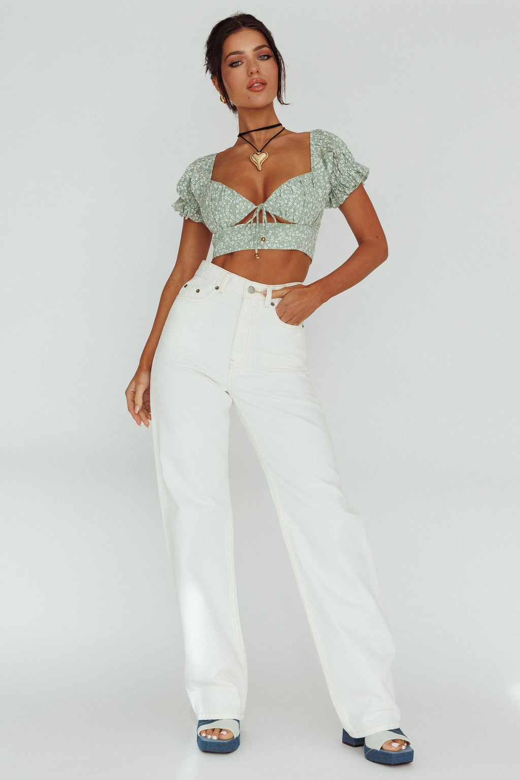Sweet Romance Sweetheart Neckline Crop Top Floral Sage by Selfie Leslie Australia