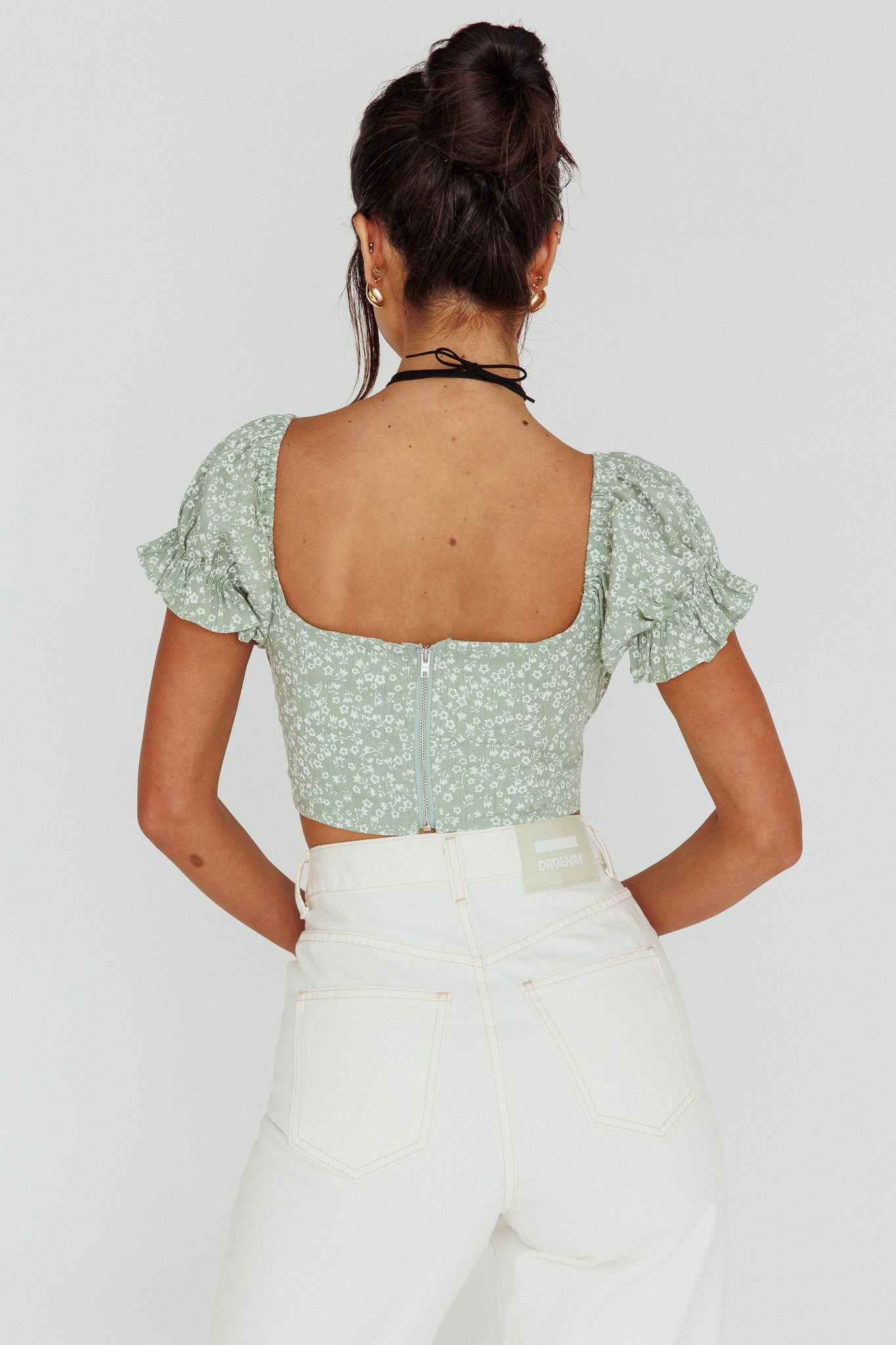 Sweet Romance Sweetheart Neckline Crop Top Floral Sage by Selfie Leslie Australia