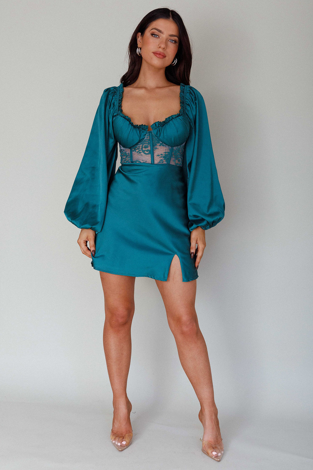 Trophy Long Sleeve Lace Bodice Midi Dress Forest Green by Selfie Leslie Australia