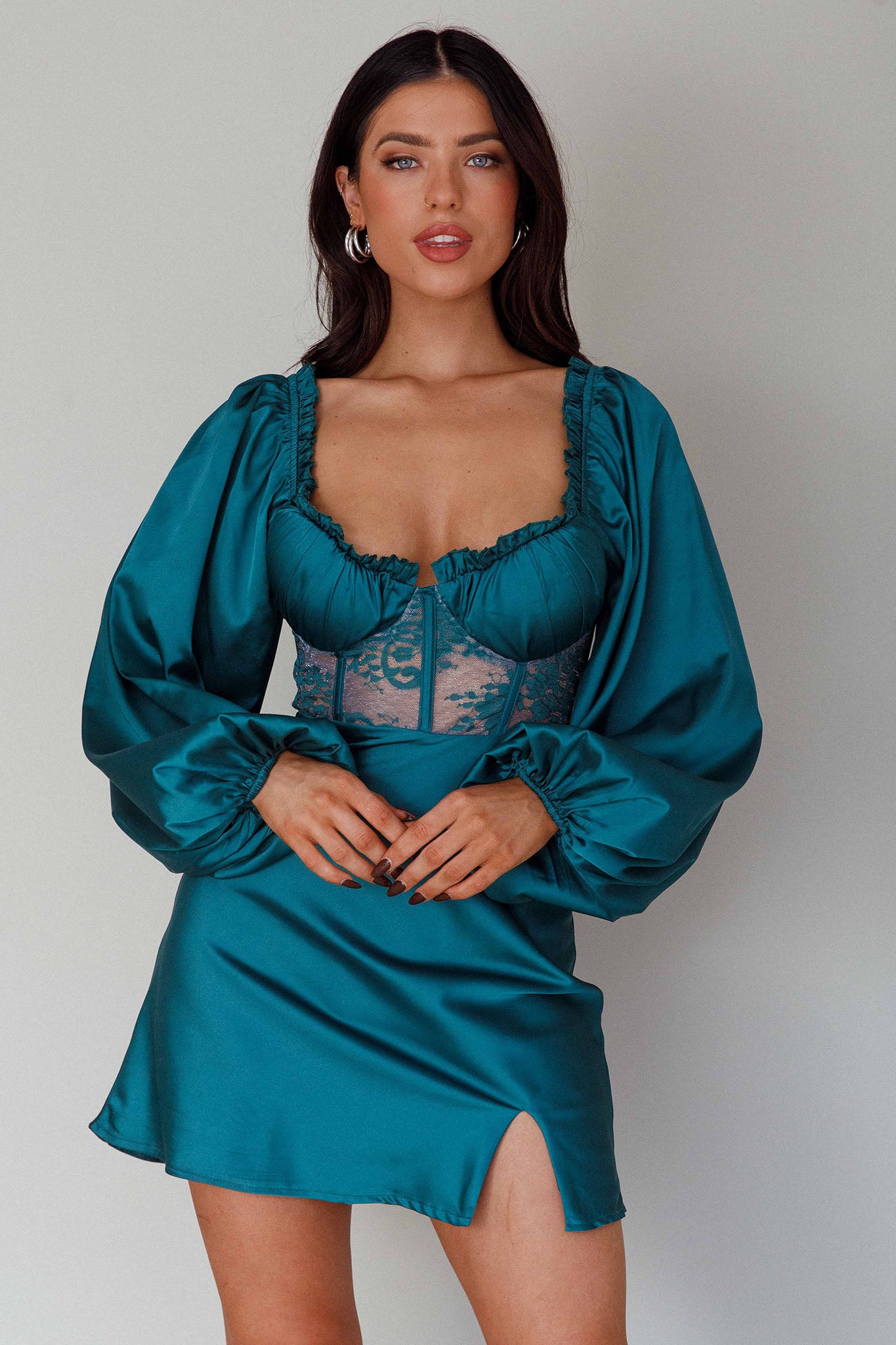 Trophy Long Sleeve Lace Bodice Midi Dress Forest Green by Selfie Leslie Australia