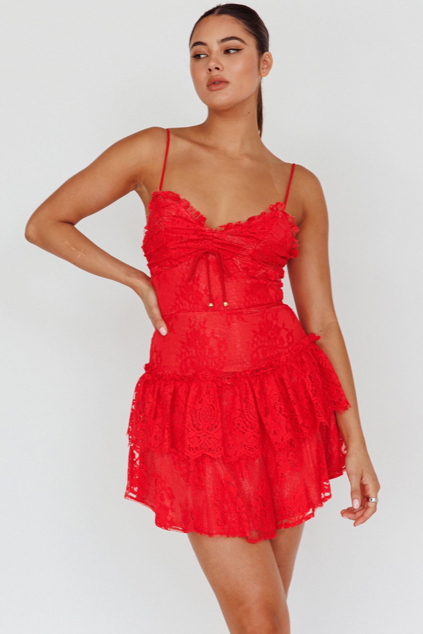 St Tropez Cami Strap Frill Trim Lace Mini Dress Red by Selfie Leslie Australia