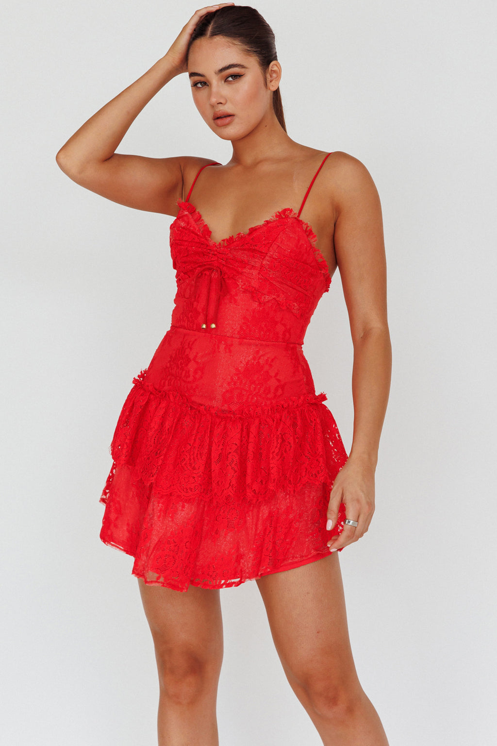 St Tropez Cami Strap Frill Trim Lace Mini Dress Red by Selfie Leslie Australia