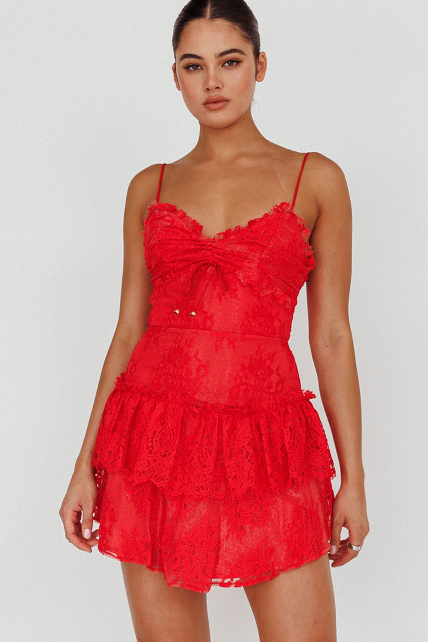 St Tropez Cami Strap Frill Trim Lace Mini Dress Red by Selfie Leslie Australia
