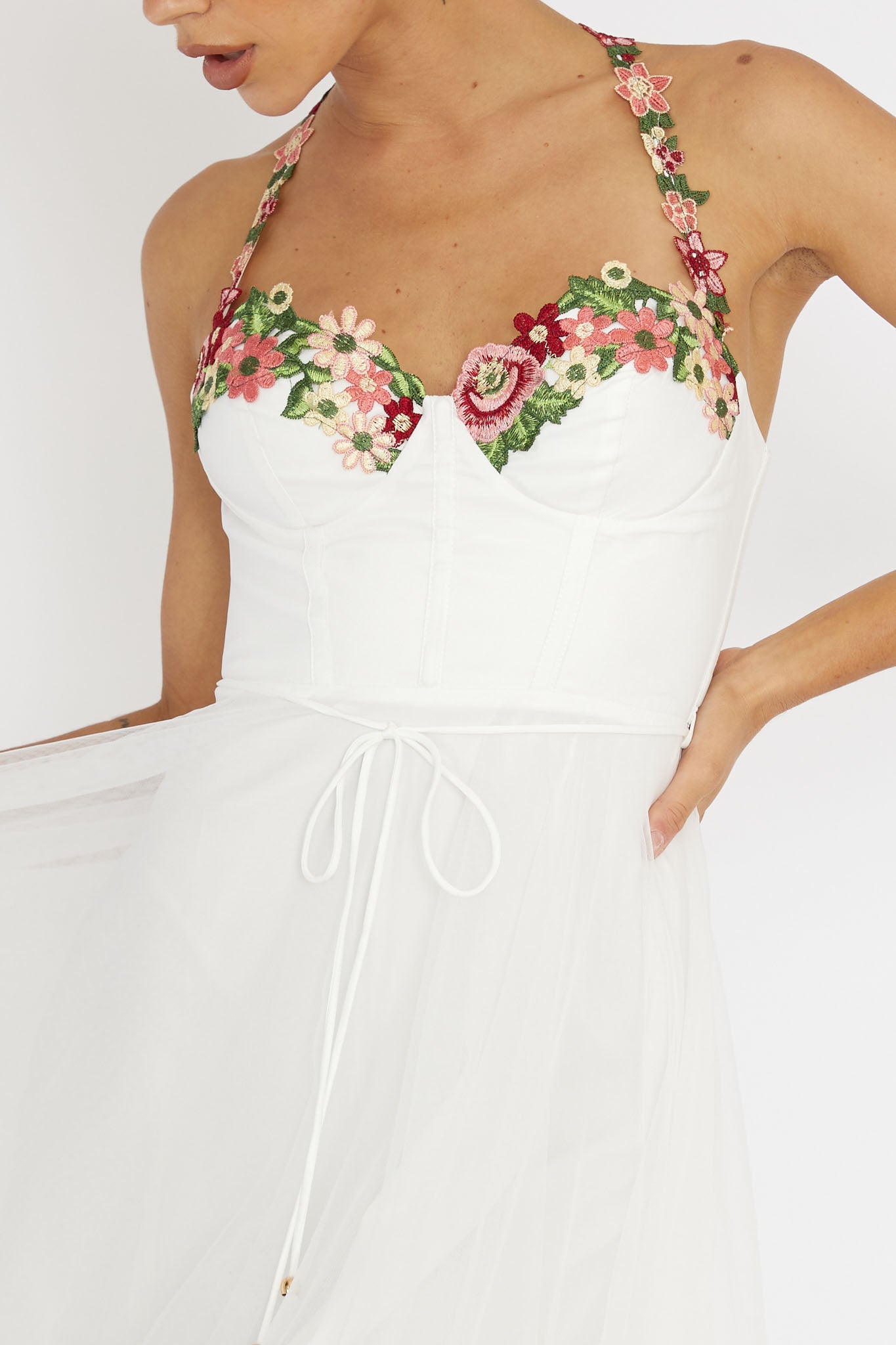 Smitten Sweetheart Neckline Floral Trim Dress White by Selfie Leslie Australia