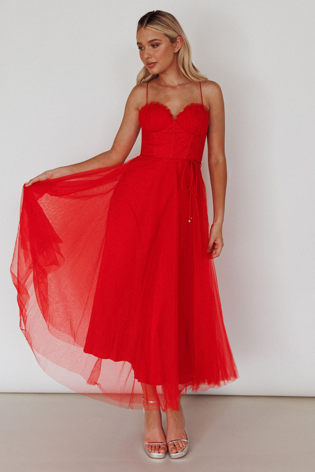 Smitten Sweetheart Neckline Chiffon Midi Dress Red by Selfie Leslie Australia